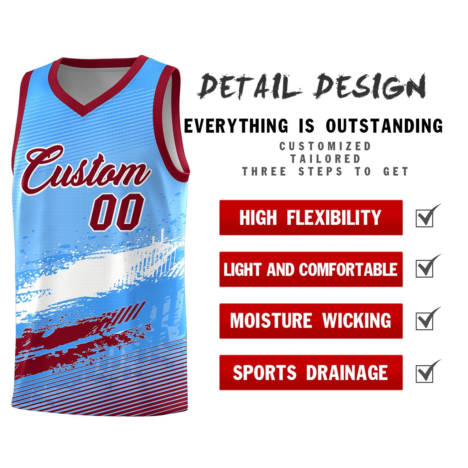 Custom Powder Blue White and Crimson Graffiti Pattern Sports Uniform Basketball Jersey