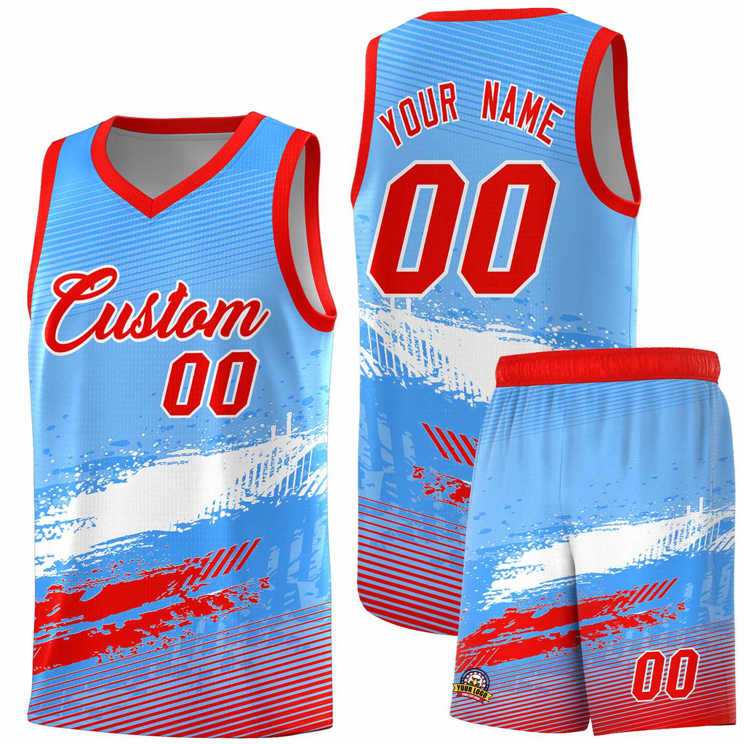 Custom Powder Blue White and Red Graffiti Pattern Sports Uniform Basketball Jersey