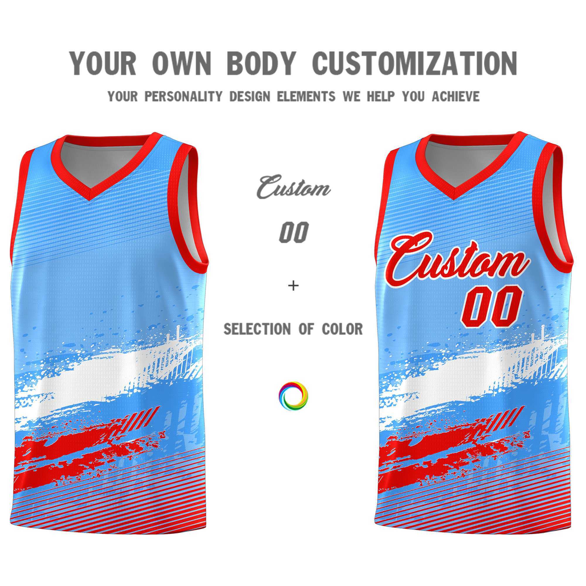 Custom Powder Blue White and Red Graffiti Pattern Sports Uniform Basketball Jersey