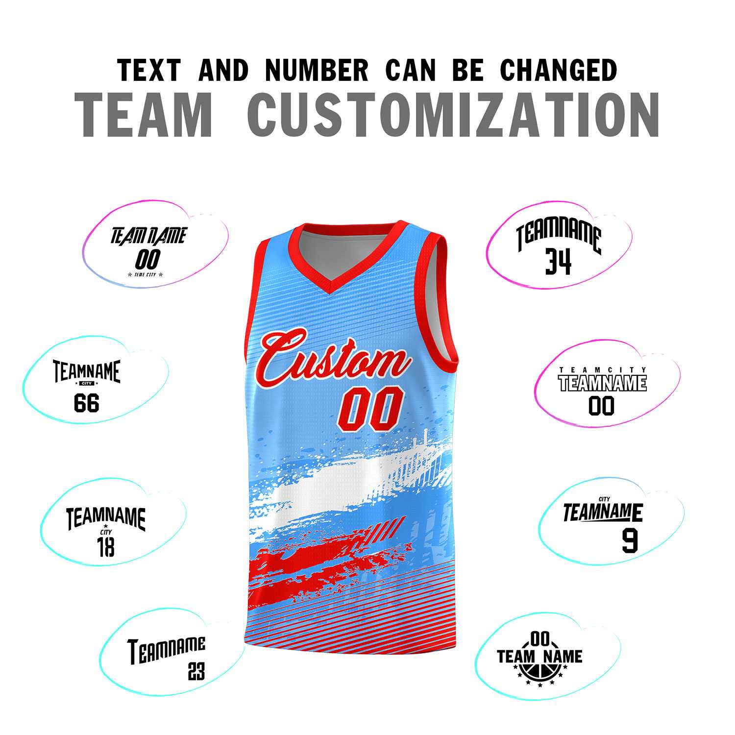 Custom Powder Blue White and Red Graffiti Pattern Sports Uniform Basketball Jersey