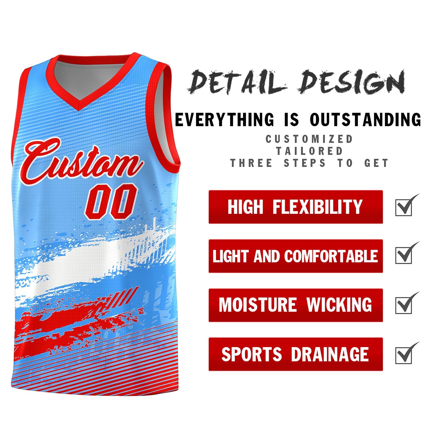 Custom Powder Blue White and Red Graffiti Pattern Sports Uniform Basketball Jersey