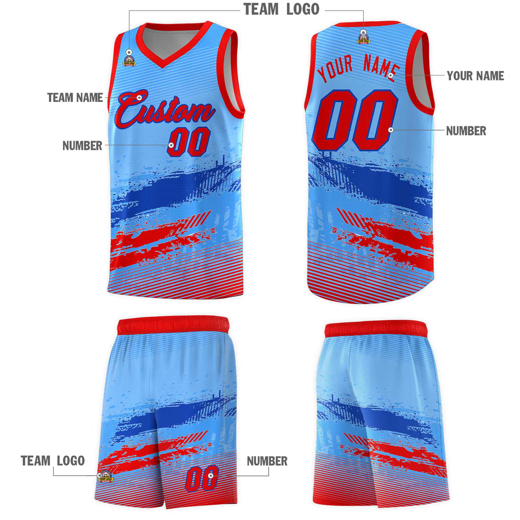 Custom Powder Blue Royal and Red Graffiti Pattern Sports Uniform Basketball Jersey