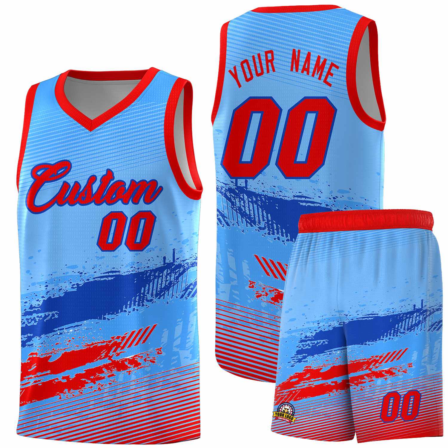 Custom Powder Blue Royal and Red Graffiti Pattern Sports Uniform Basketball Jersey