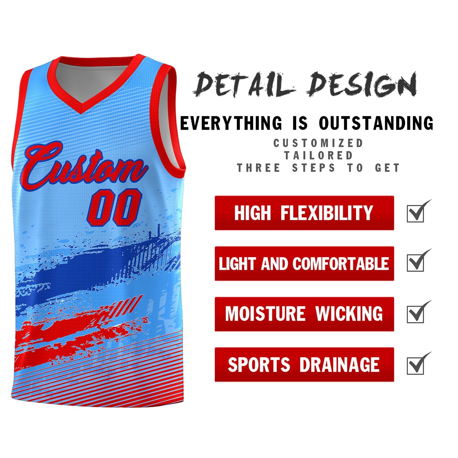 Custom Powder Blue Royal and Red Graffiti Pattern Sports Uniform Basketball Jersey