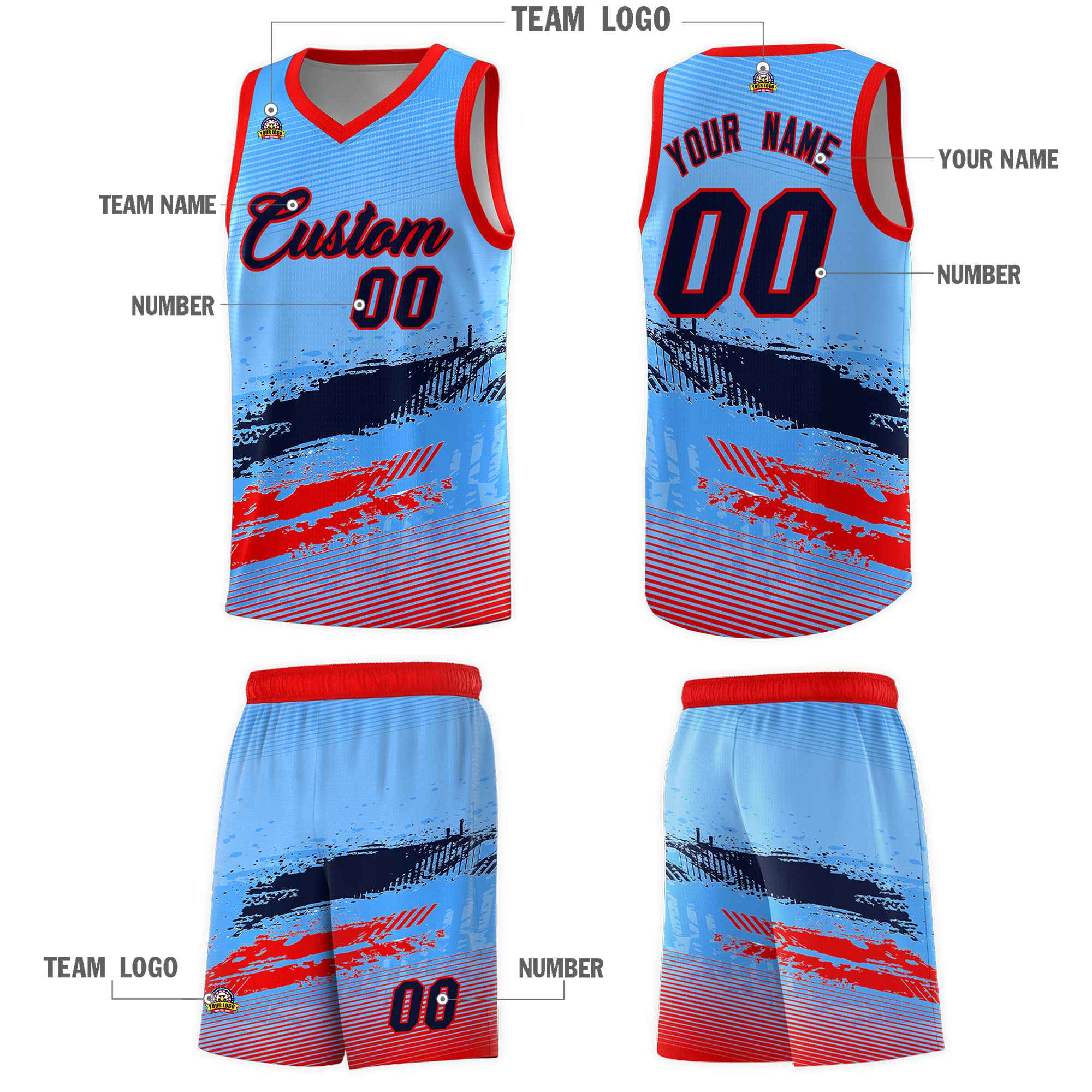 Custom Powder Blue Navy and Red Graffiti Pattern Sports Uniform Basketball Jersey