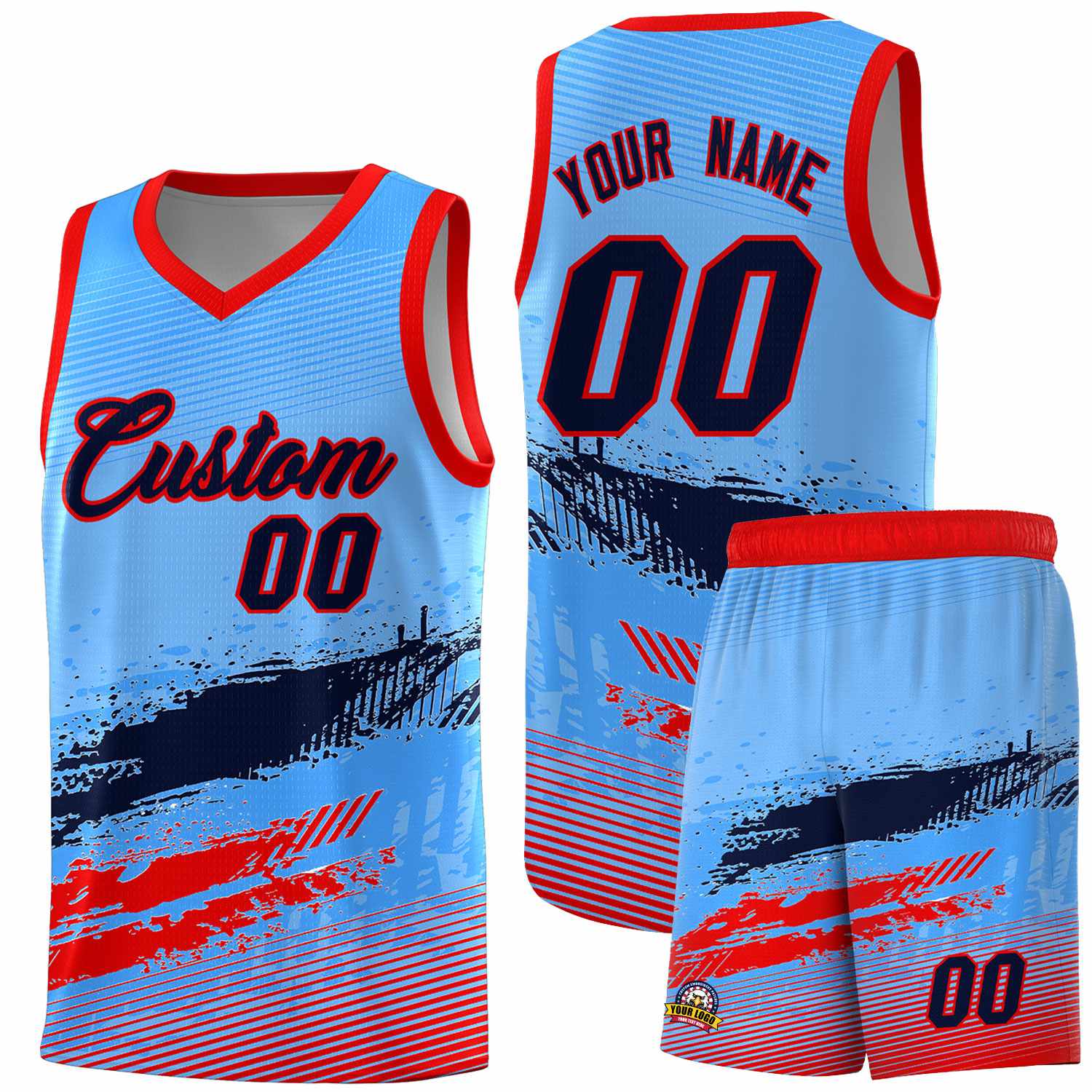 Custom Powder Blue Navy and Red Graffiti Pattern Sports Uniform Basketball Jersey