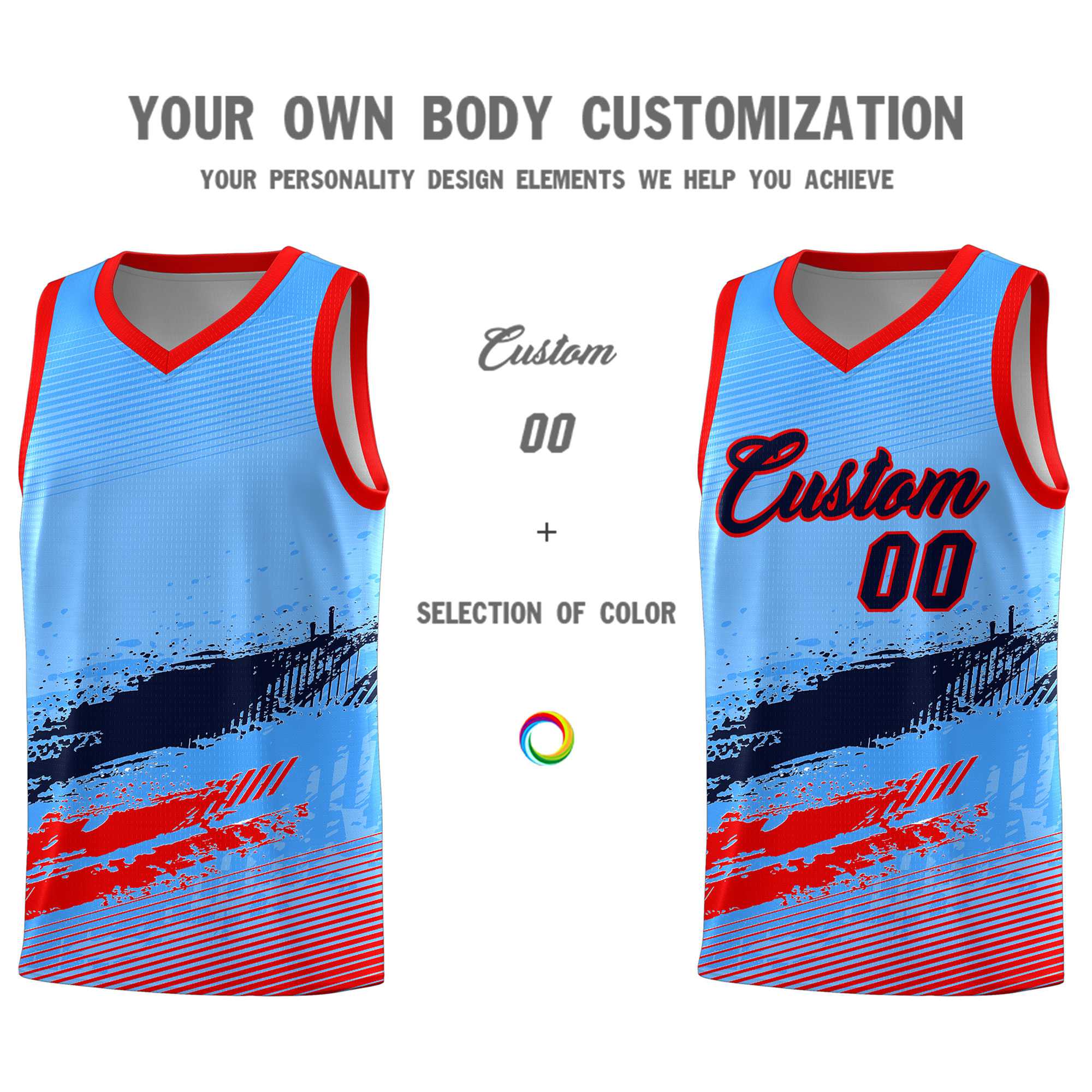 Custom Powder Blue Navy and Red Graffiti Pattern Sports Uniform Basketball Jersey