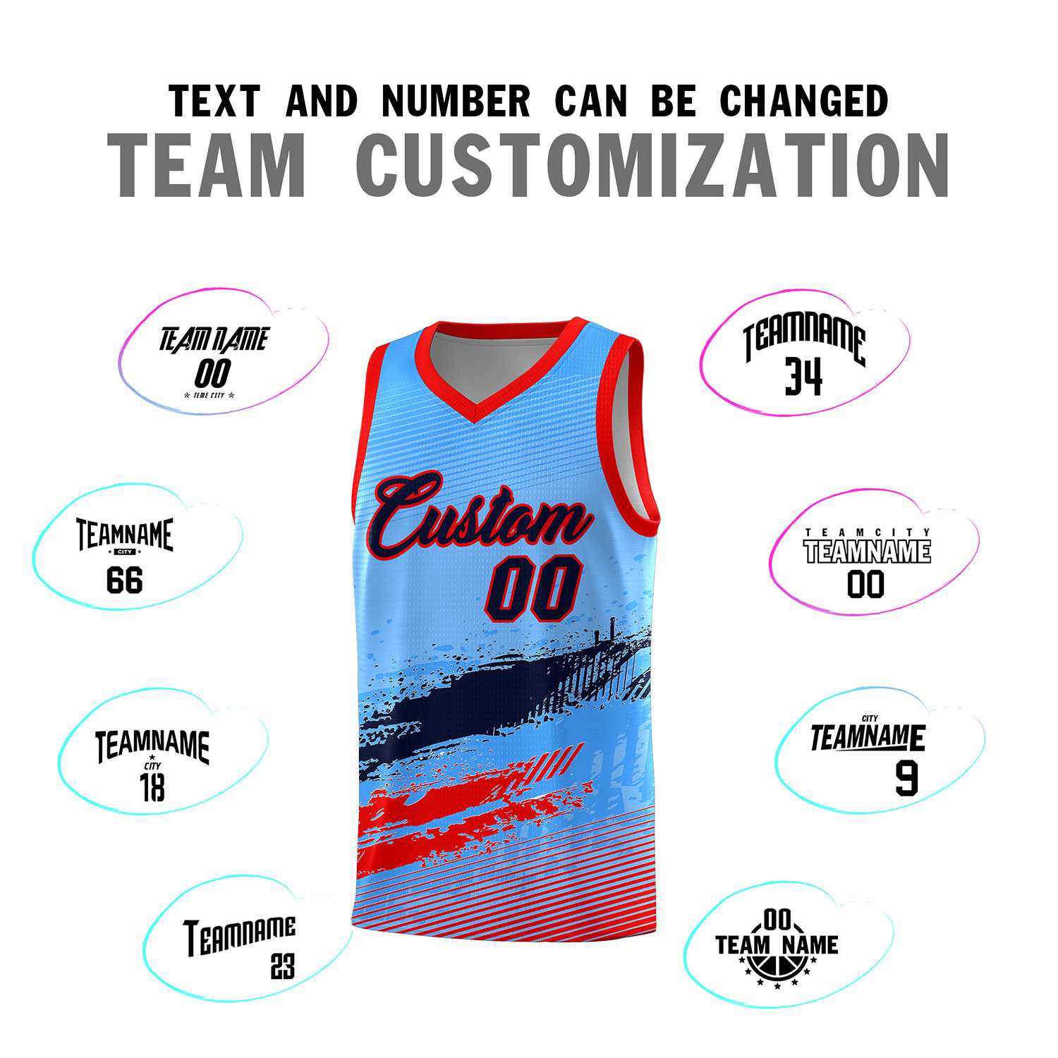 Custom Powder Blue Navy and Red Graffiti Pattern Sports Uniform Basketball Jersey