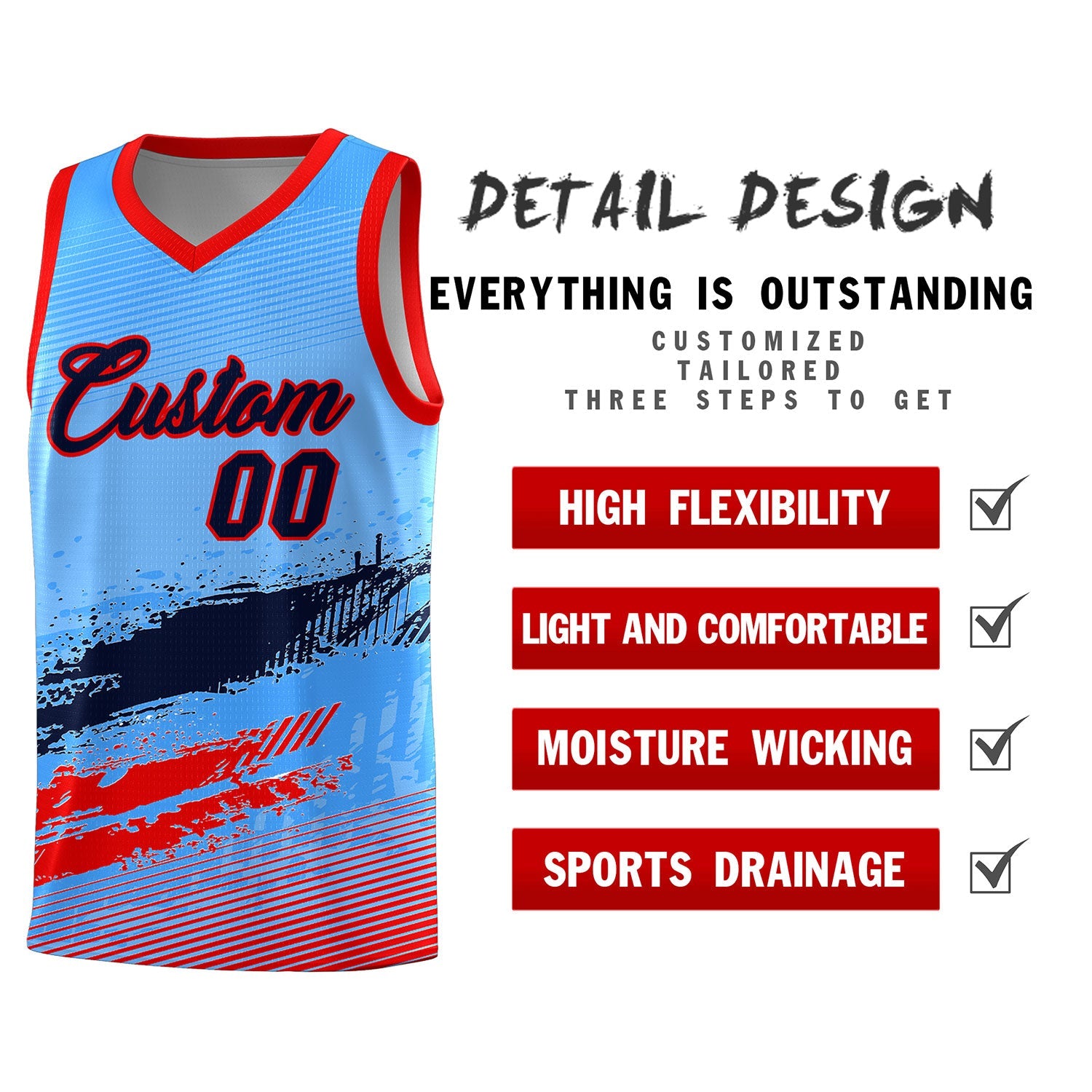 Custom Powder Blue Navy and Red Graffiti Pattern Sports Uniform Basketball Jersey