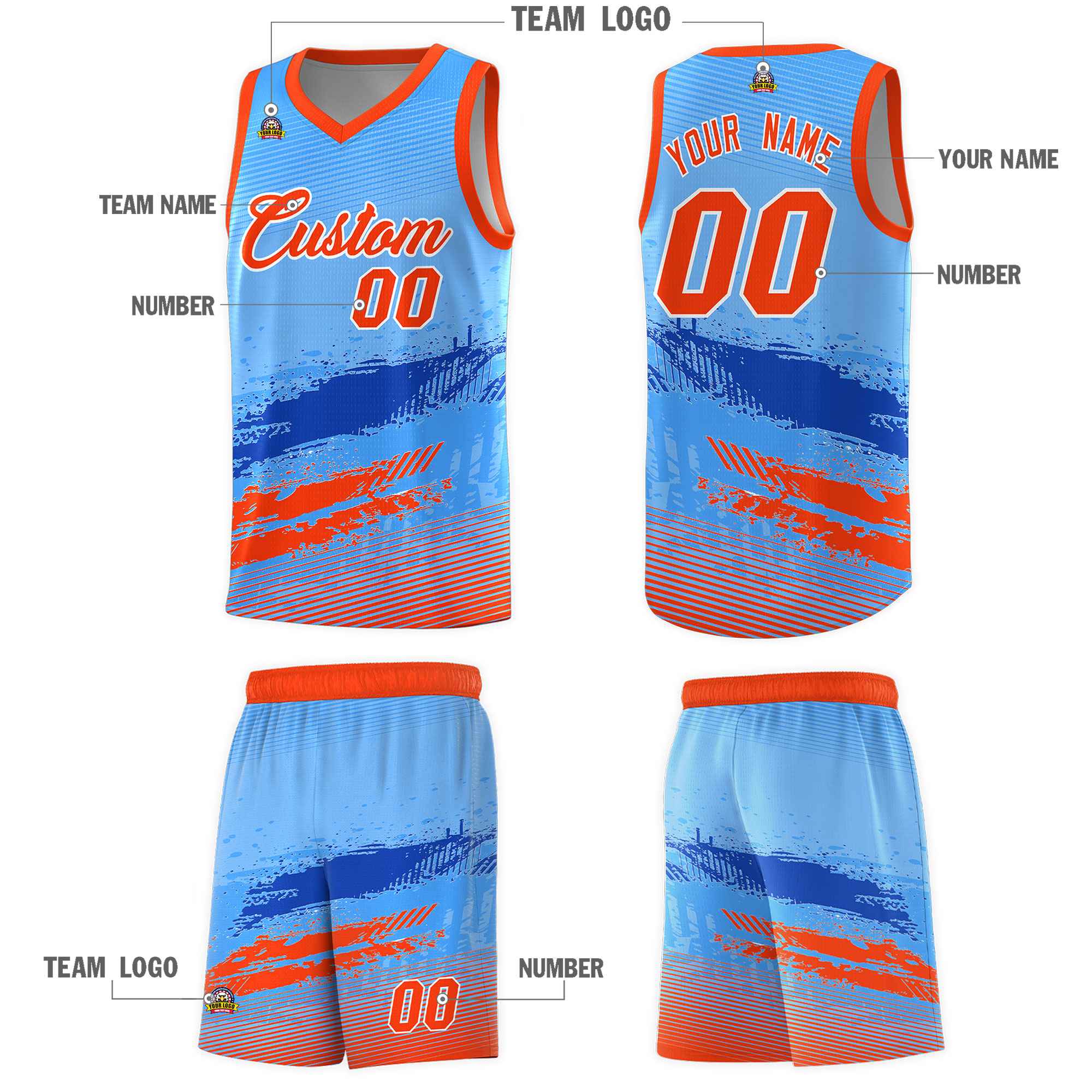 Custom Powder Blue Royal and Orange Graffiti Pattern Sports Uniform Basketball Jersey