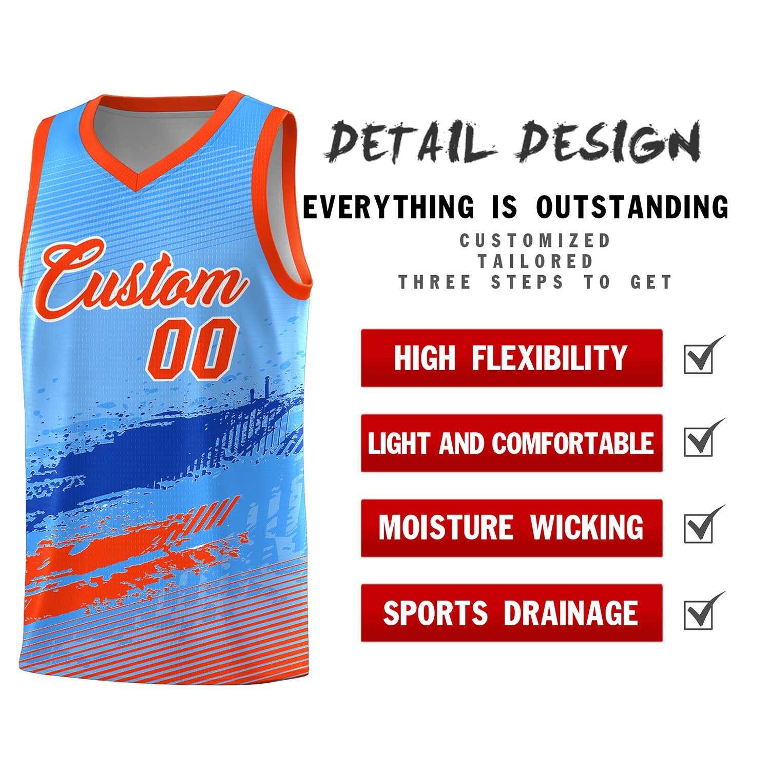 Custom Powder Blue Royal and Orange Graffiti Pattern Sports Uniform Basketball Jersey