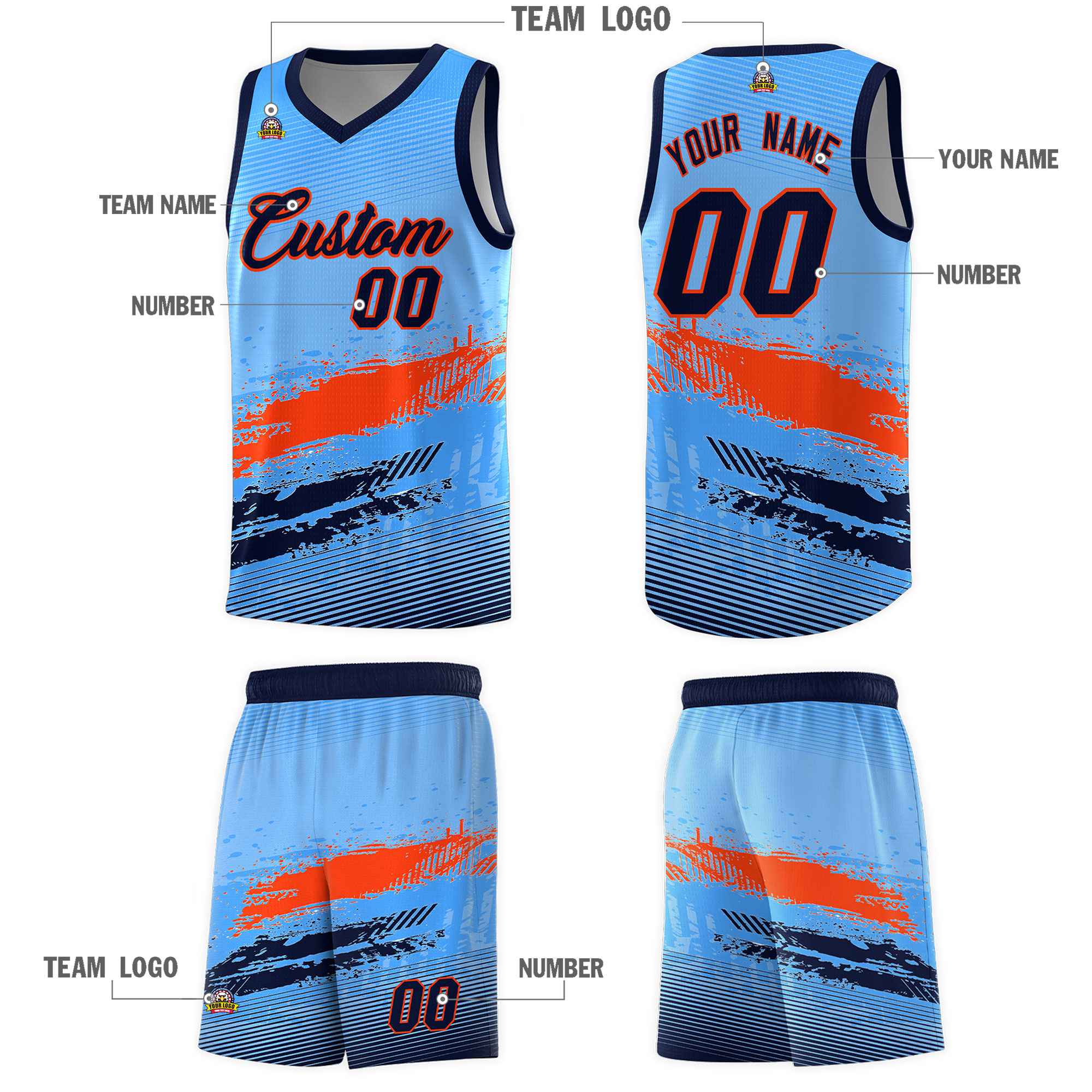 Custom Powder Blue Orange and Navy Graffiti Pattern Sports Uniform Basketball Jersey