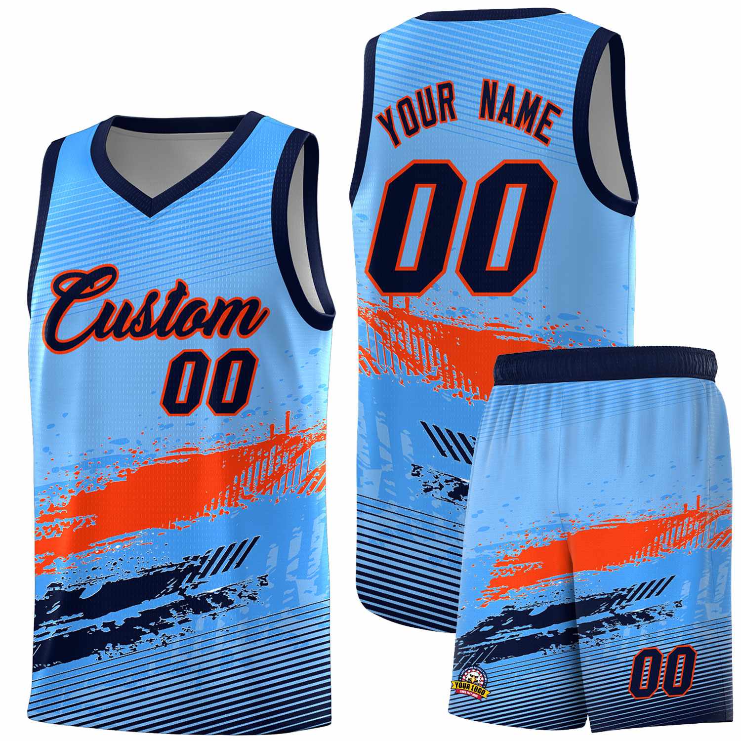 Custom Powder Blue Orange and Navy Graffiti Pattern Sports Uniform Basketball Jersey