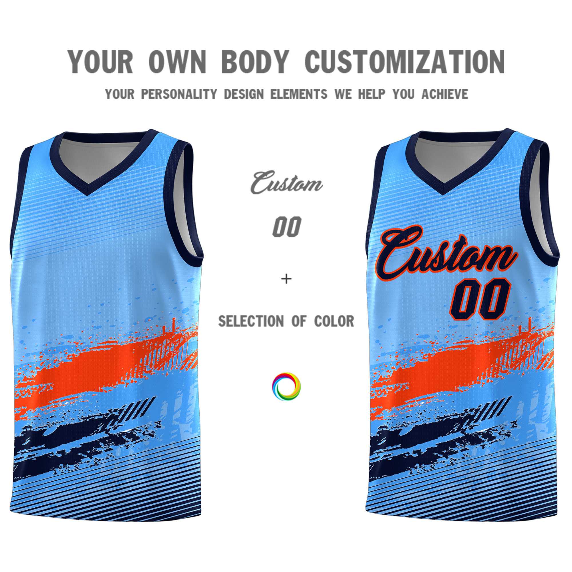 Custom Powder Blue Orange and Navy Graffiti Pattern Sports Uniform Basketball Jersey