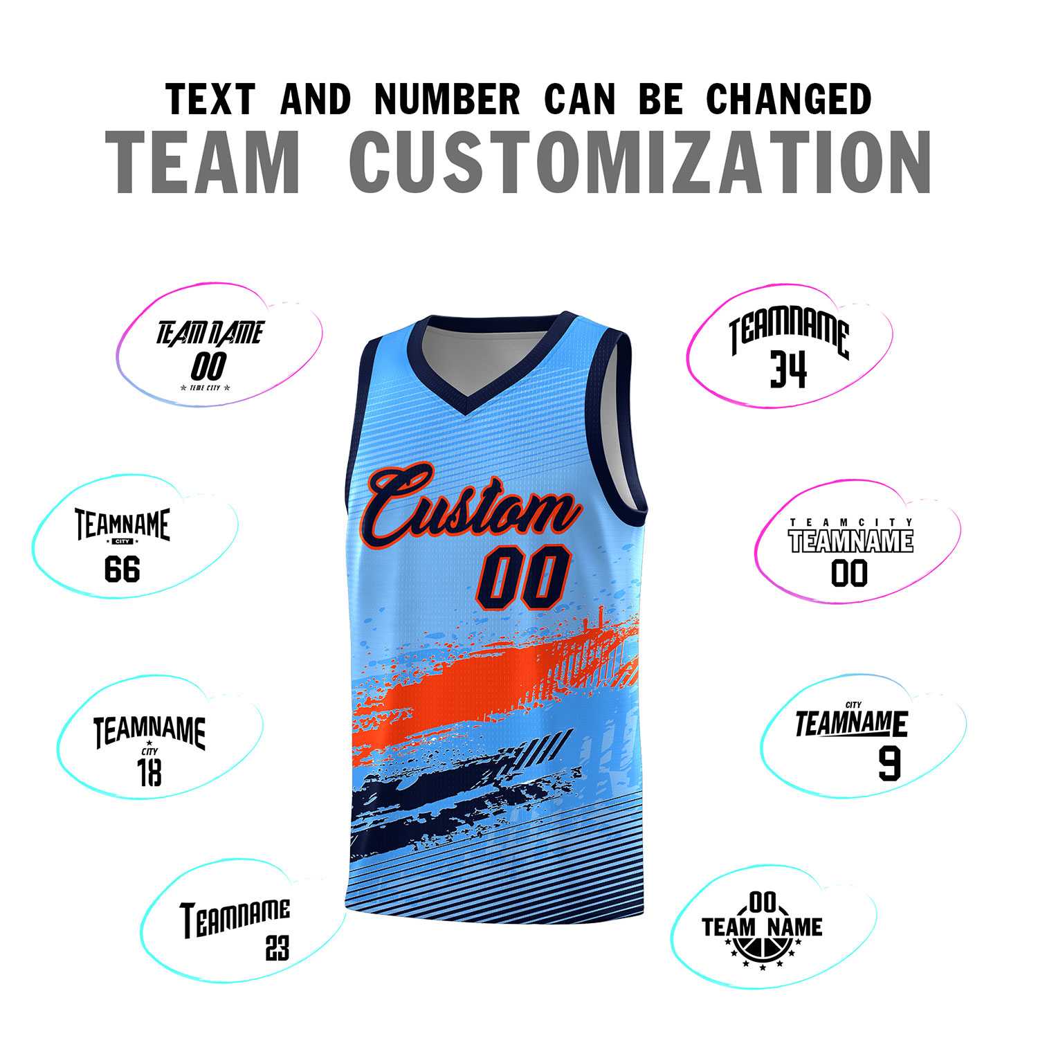 Custom Powder Blue Orange and Navy Graffiti Pattern Sports Uniform Basketball Jersey