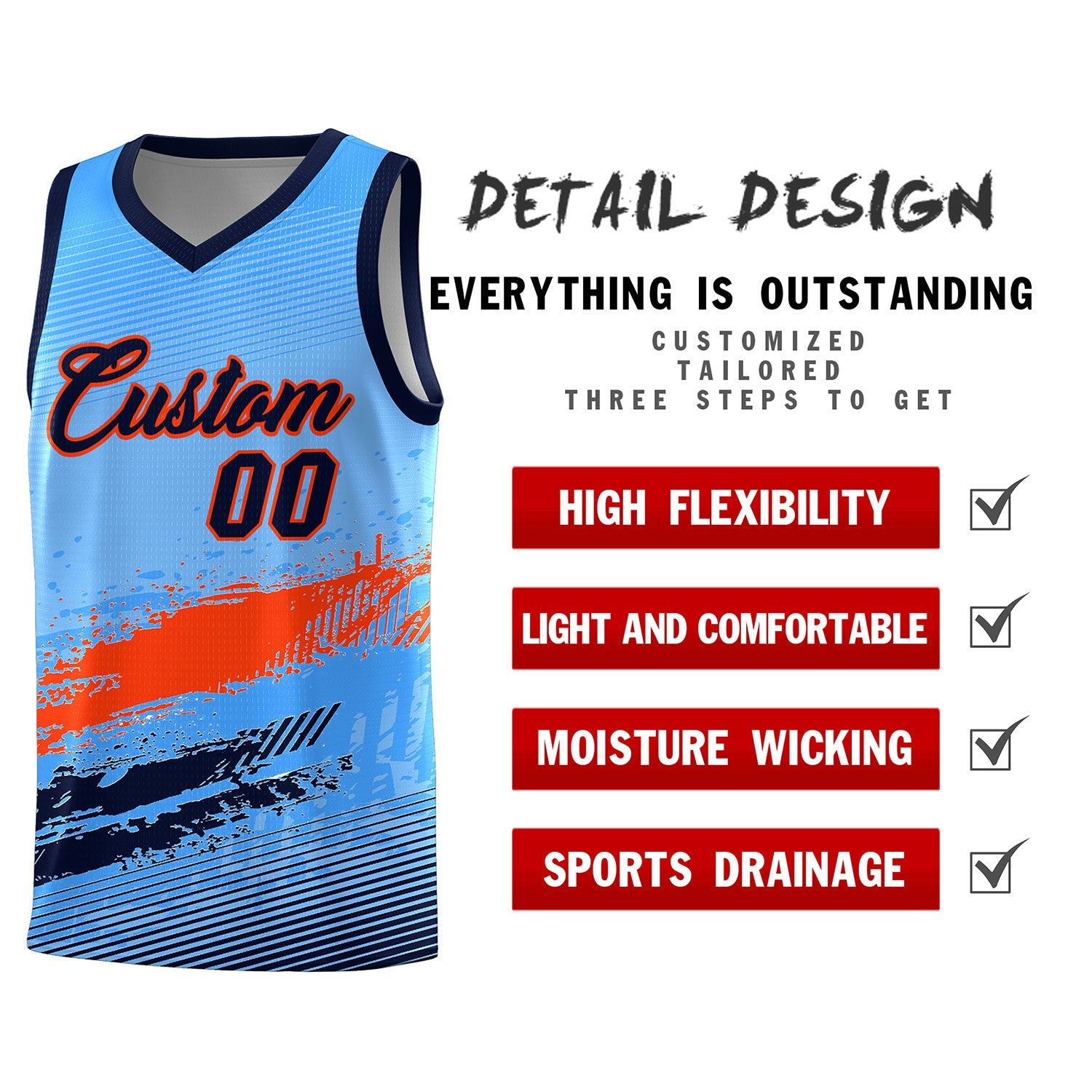 Custom Powder Blue Orange and Navy Graffiti Pattern Sports Uniform Basketball Jersey