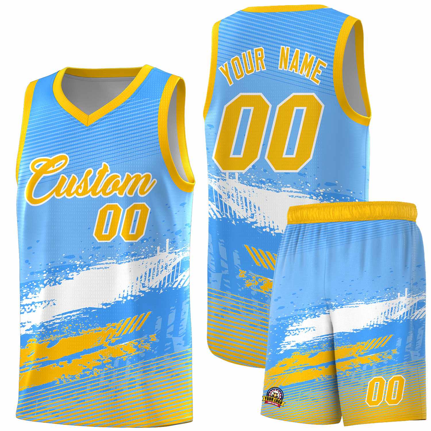 Custom Powder Blue White and Yellow Graffiti Pattern Sports Uniform Basketball Jersey