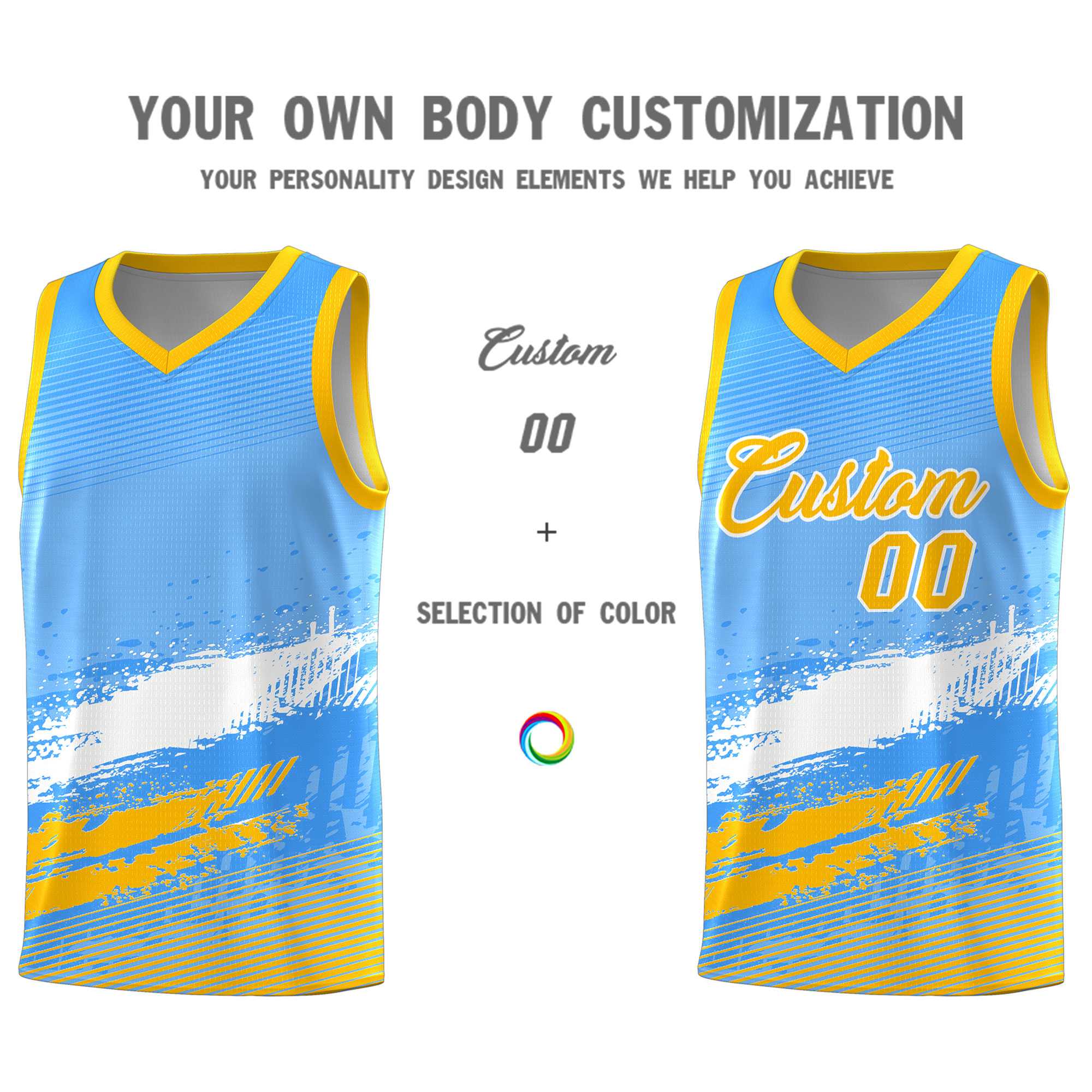 Custom Powder Blue White and Yellow Graffiti Pattern Sports Uniform Basketball Jersey