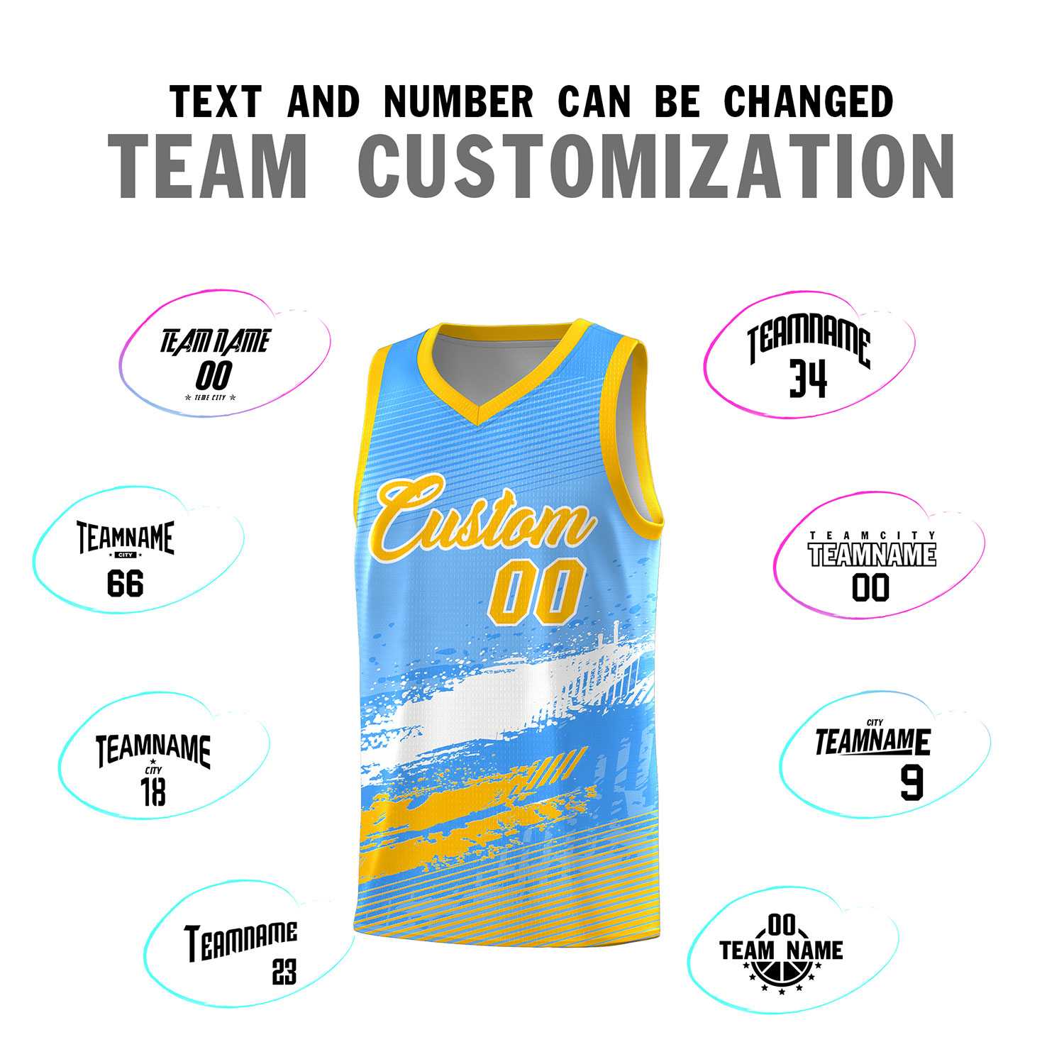 Custom Powder Blue White and Yellow Graffiti Pattern Sports Uniform Basketball Jersey