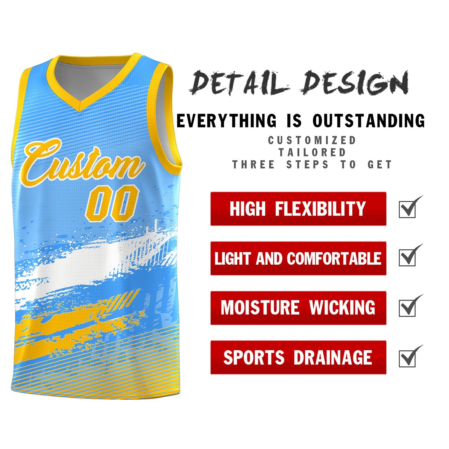 Custom Powder Blue White and Yellow Graffiti Pattern Sports Uniform Basketball Jersey