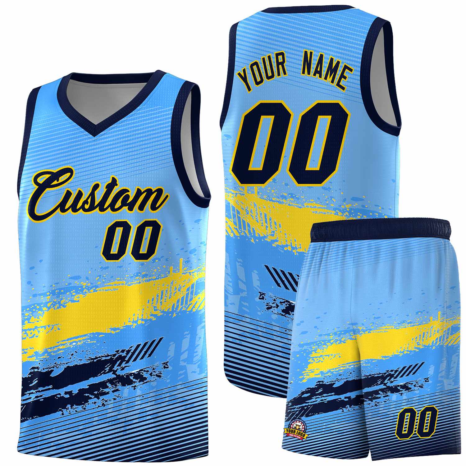 Custom Powder Blue Gold and Navy Graffiti Pattern Sports Uniform Basketball Jersey