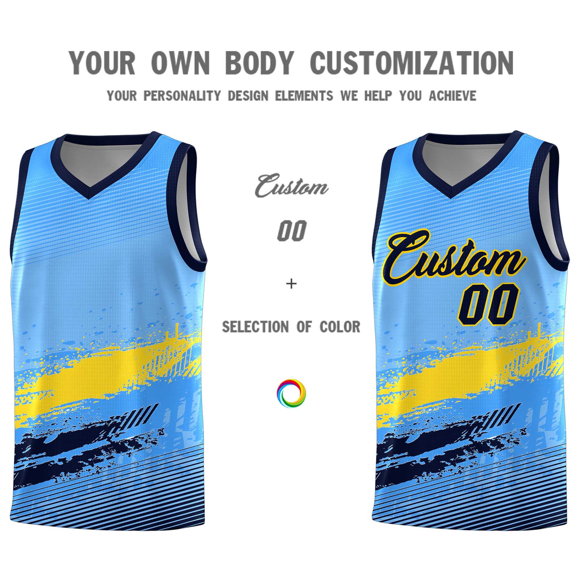 Custom Powder Blue Gold and Navy Graffiti Pattern Sports Uniform Basketball Jersey