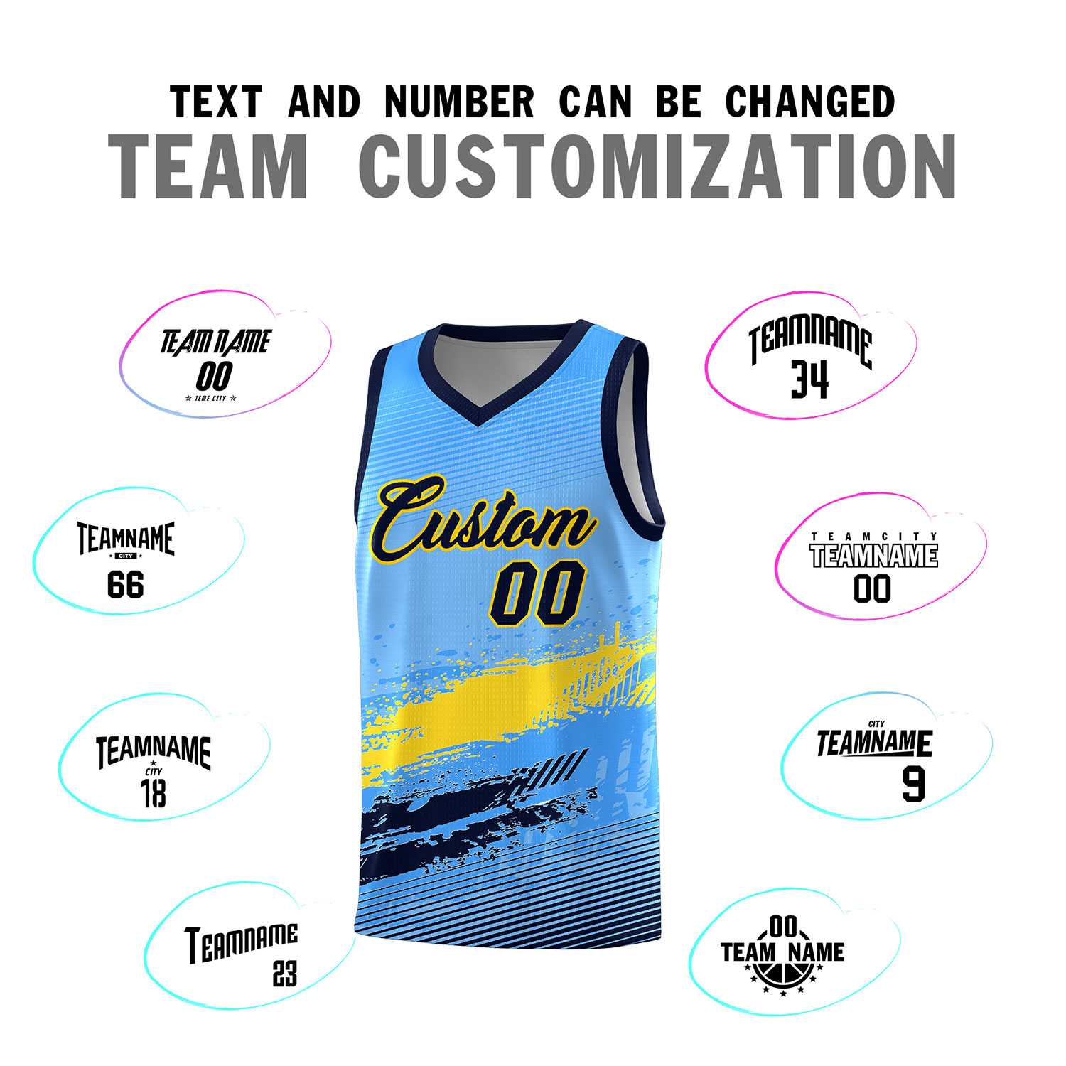 Custom Powder Blue Gold and Navy Graffiti Pattern Sports Uniform Basketball Jersey