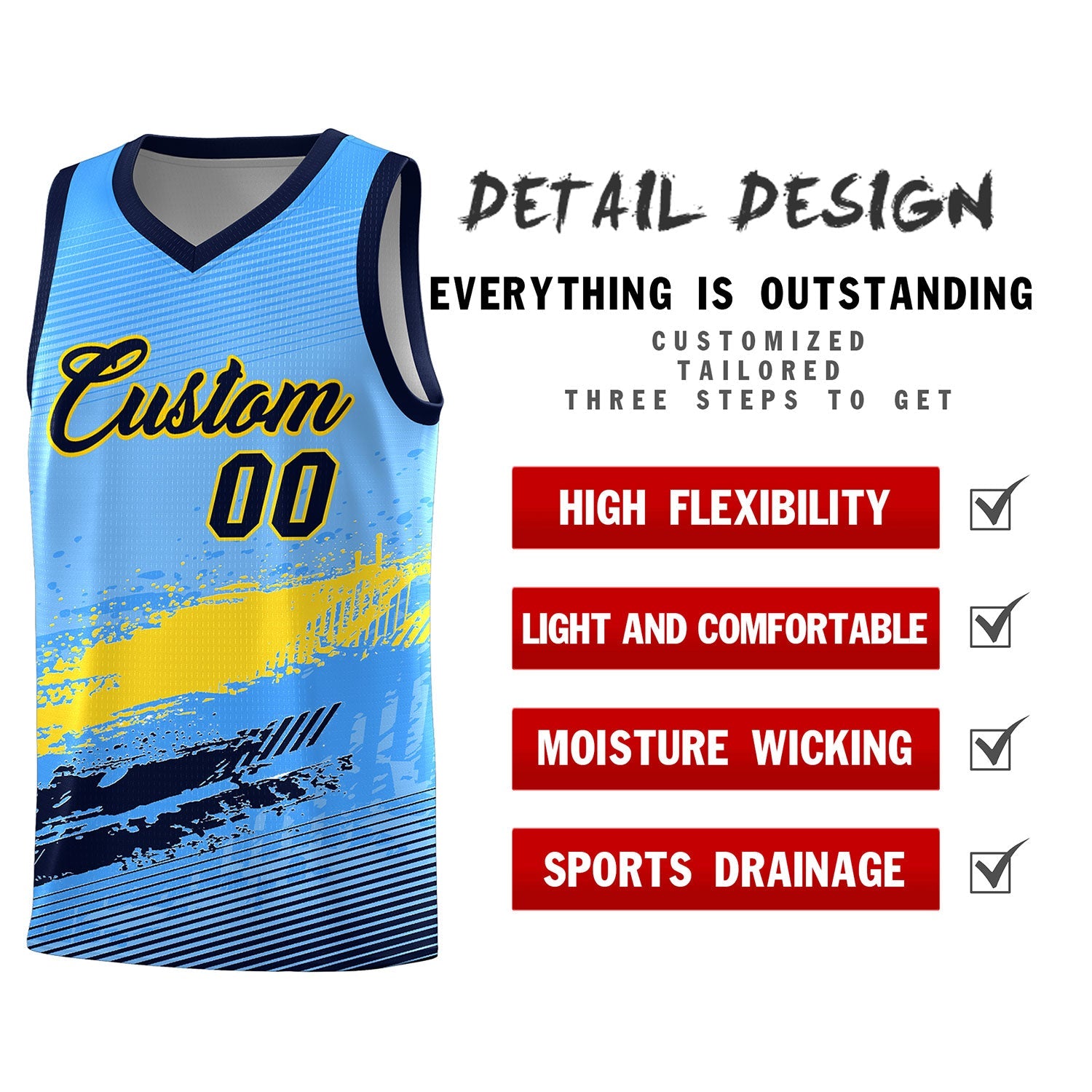 Custom Powder Blue Gold and Navy Graffiti Pattern Sports Uniform Basketball Jersey