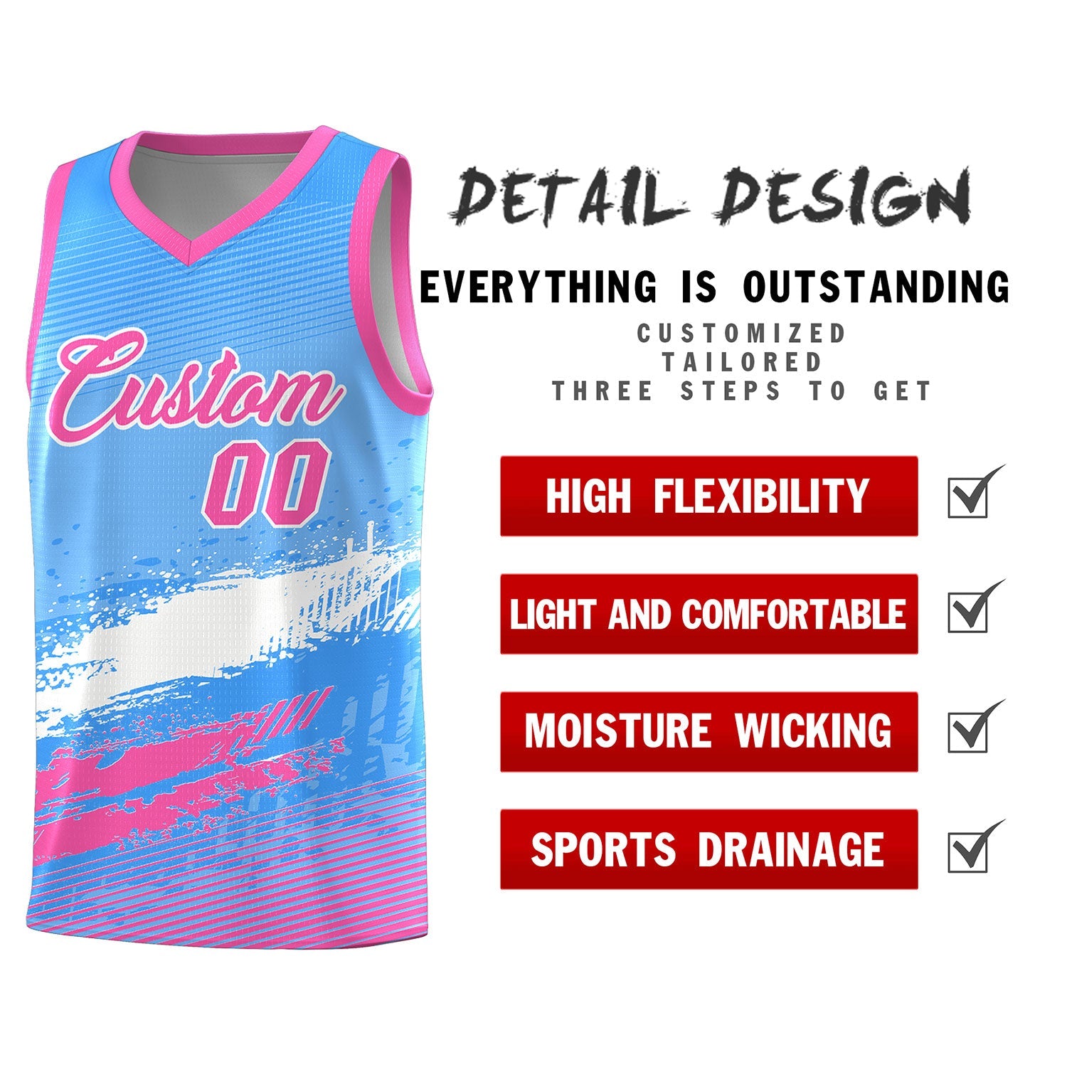 Custom Powder Blue White and Pink Graffiti Pattern Sports Uniform Basketball Jersey