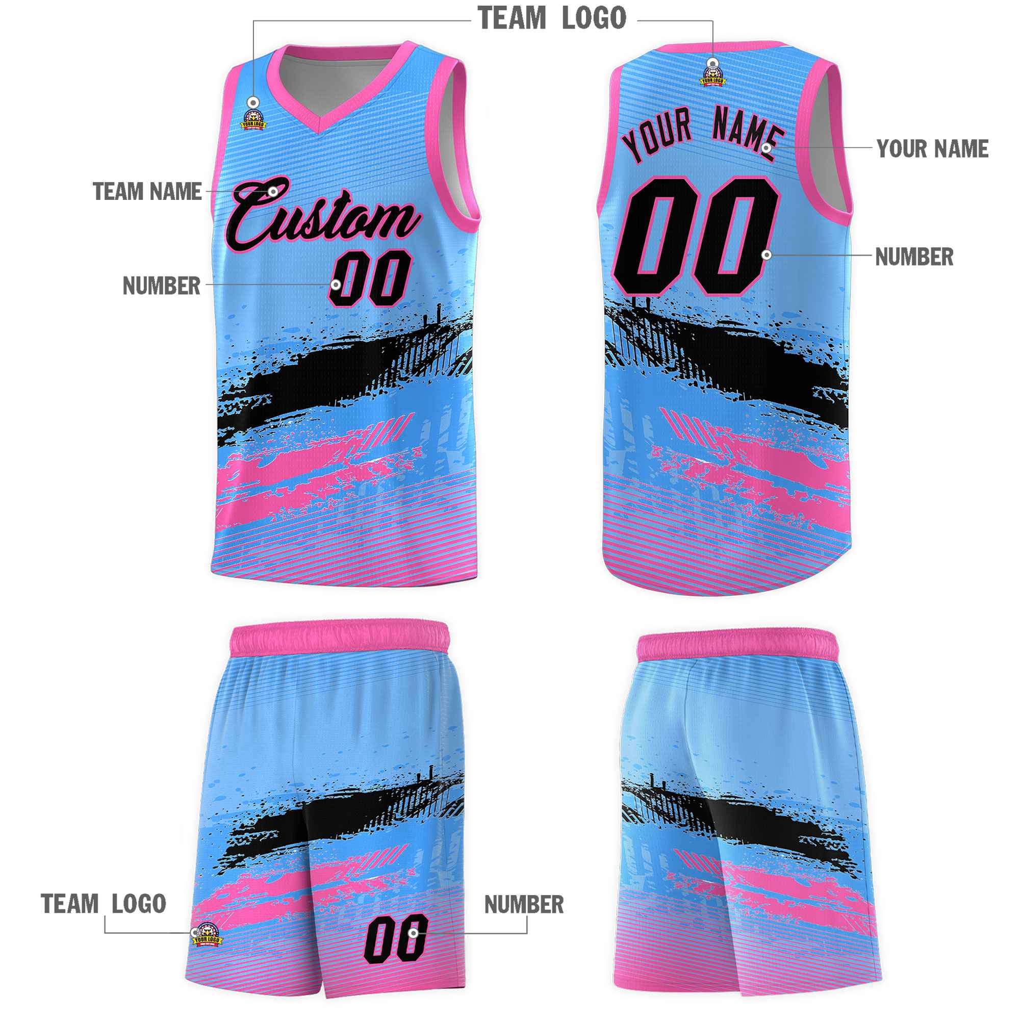 Custom Powder Blue Black and Pink Graffiti Pattern Sports Uniform Basketball Jersey