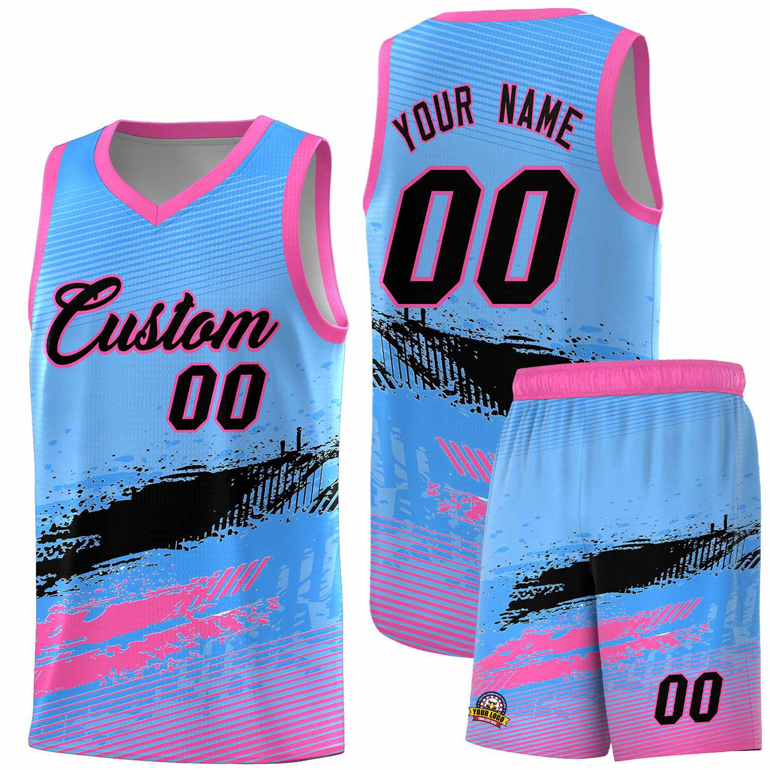 Custom Powder Blue Black and Pink Graffiti Pattern Sports Uniform Basketball Jersey