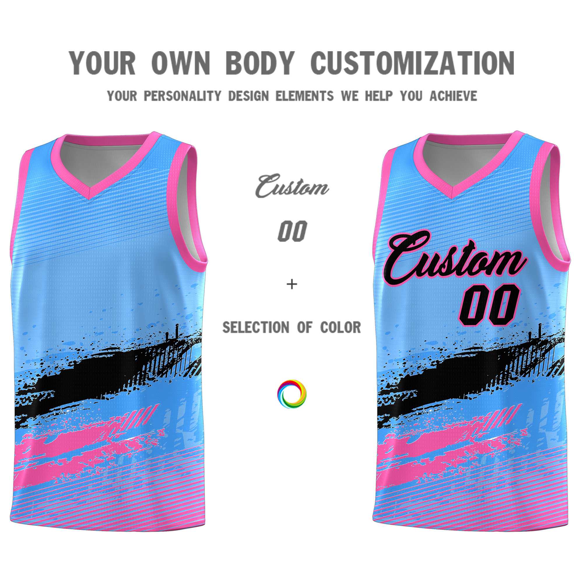 Custom Powder Blue Black and Pink Graffiti Pattern Sports Uniform Basketball Jersey