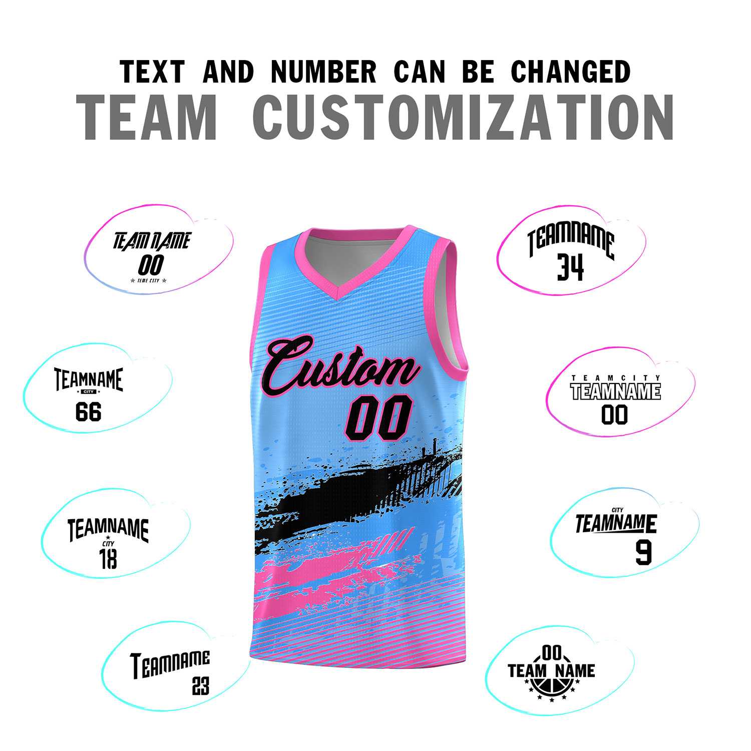 Custom Powder Blue Black and Pink Graffiti Pattern Sports Uniform Basketball Jersey