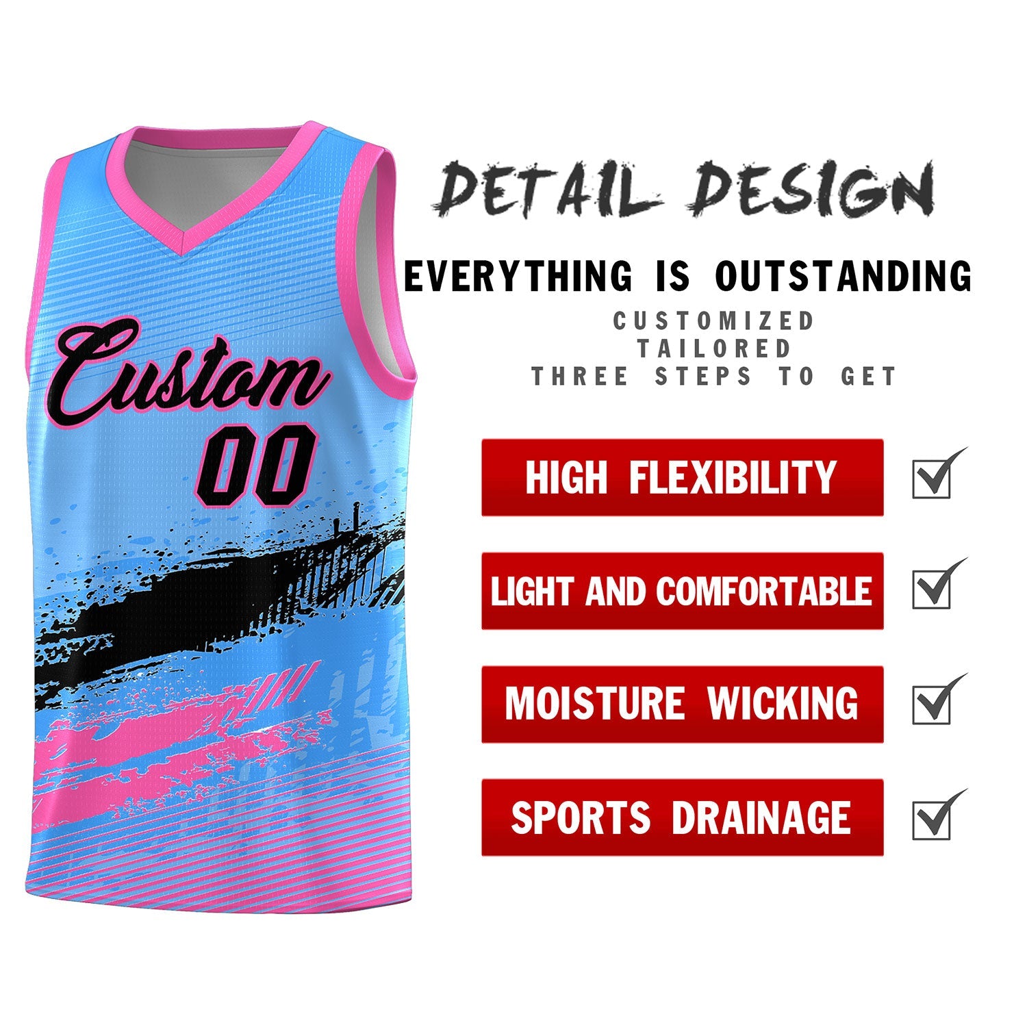 Custom Powder Blue Black and Pink Graffiti Pattern Sports Uniform Basketball Jersey