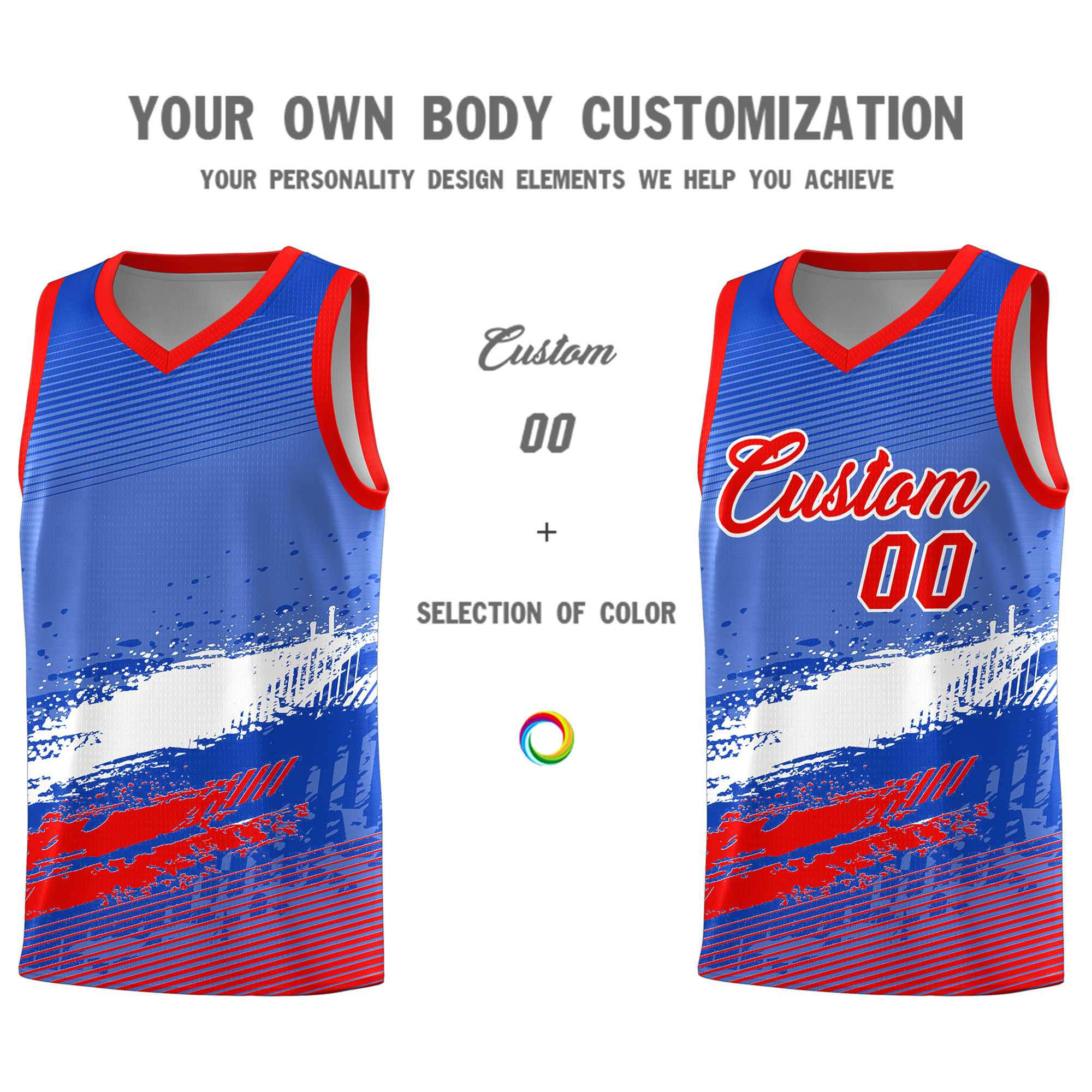 Custom Royal White and Red Graffiti Pattern Sports Uniform Basketball Jersey