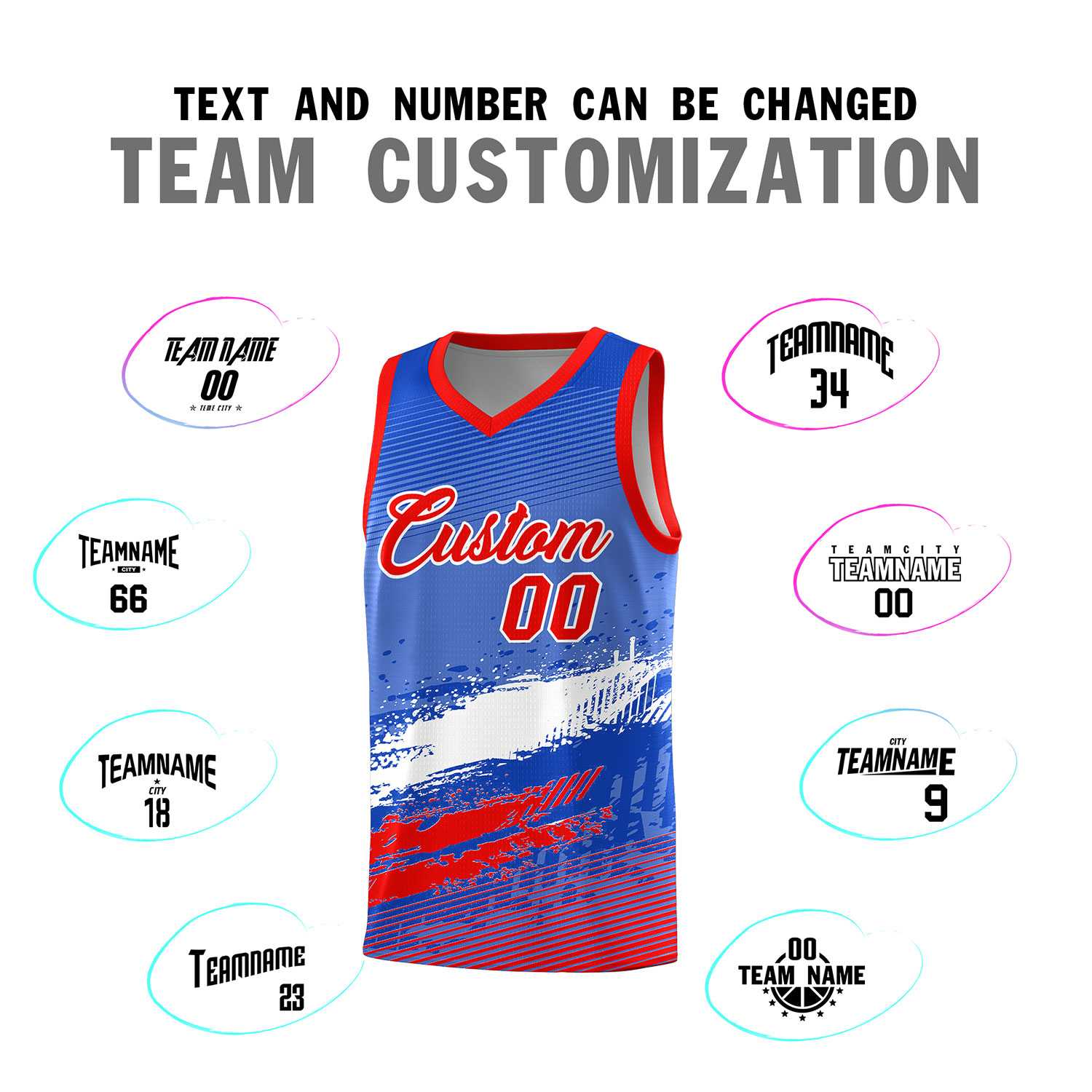 Custom Royal White and Red Graffiti Pattern Sports Uniform Basketball Jersey