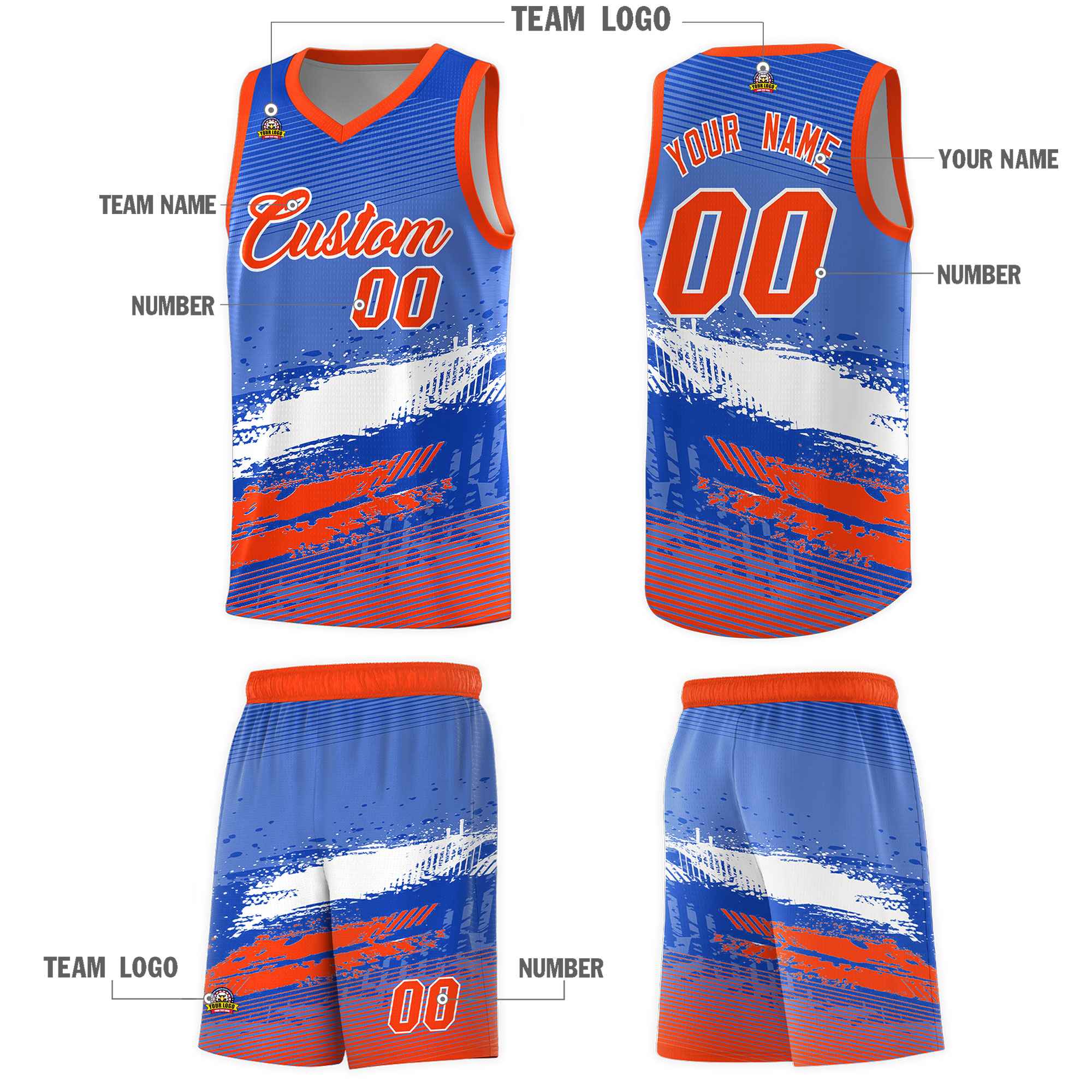 Custom Royal White and Orange Graffiti Pattern Sports Uniform Basketball Jersey