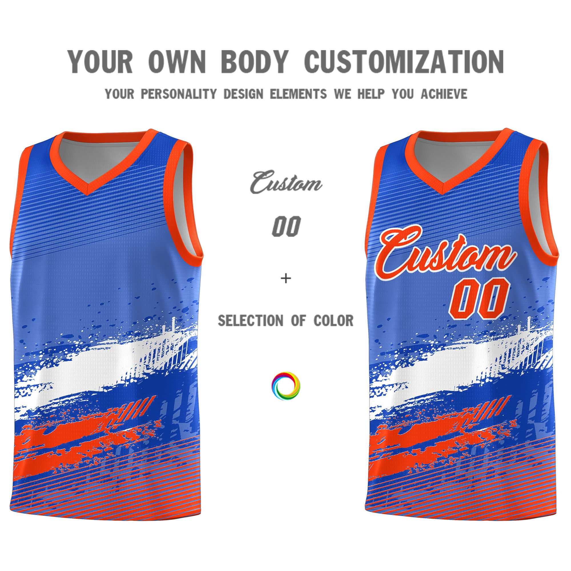 Custom Royal White and Orange Graffiti Pattern Sports Uniform Basketball Jersey