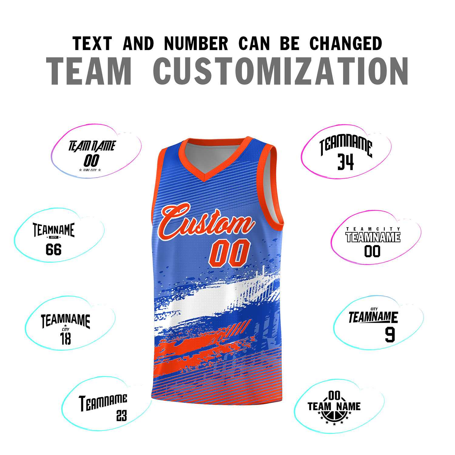 Custom Royal White and Orange Graffiti Pattern Sports Uniform Basketball Jersey