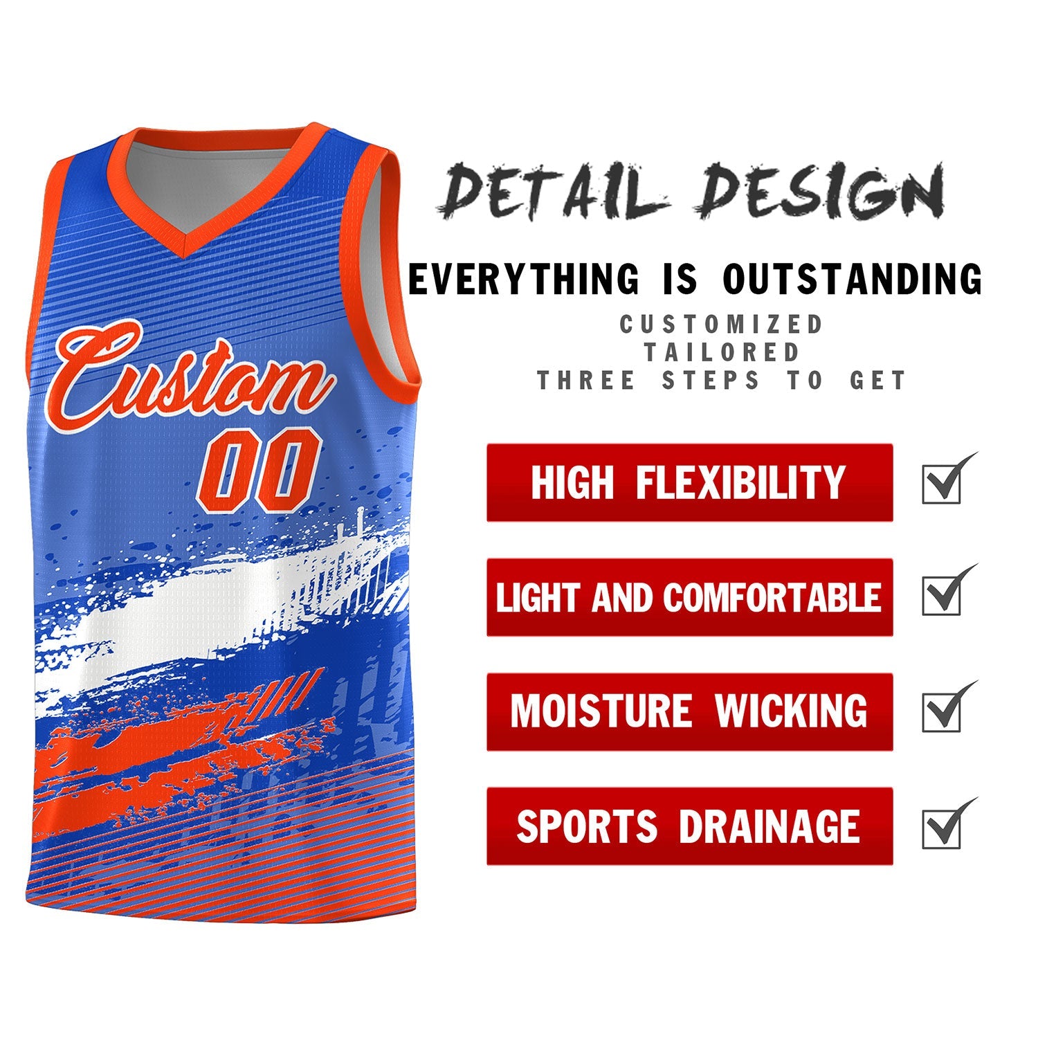 Custom Royal White and Orange Graffiti Pattern Sports Uniform Basketball Jersey