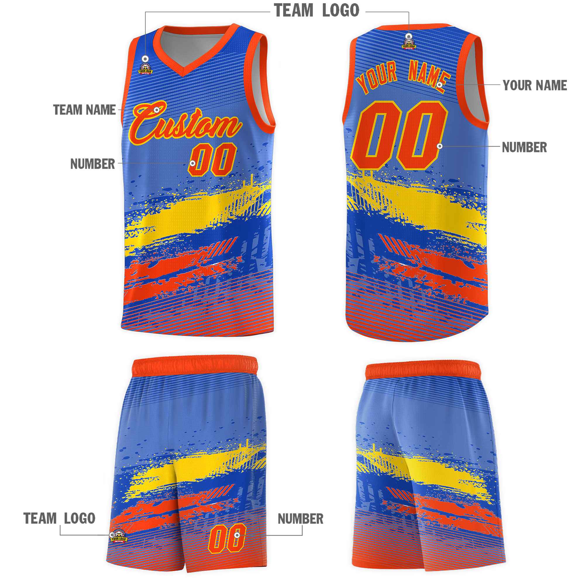 Custom Royal Gold and Orange Graffiti Pattern Sports Uniform Basketball Jersey