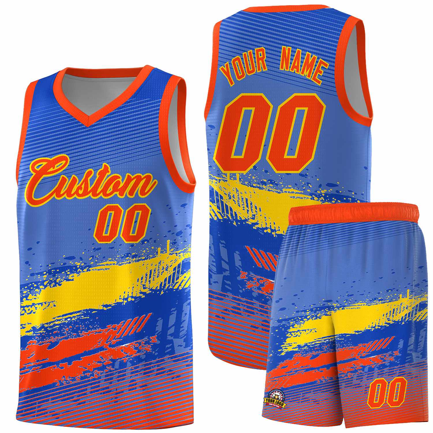 Custom Royal Gold and Orange Graffiti Pattern Sports Uniform Basketball Jersey