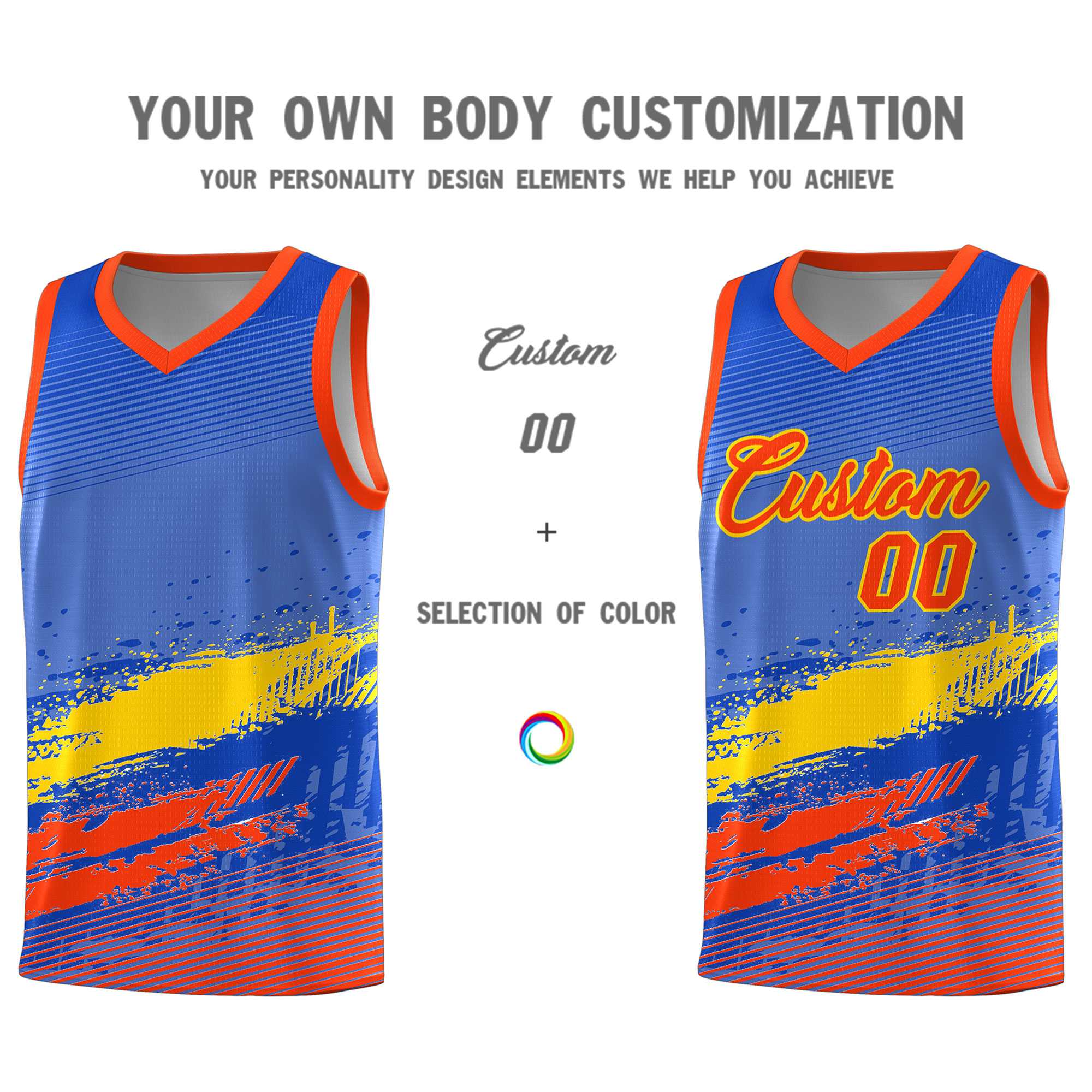 Custom Royal Gold and Orange Graffiti Pattern Sports Uniform Basketball Jersey