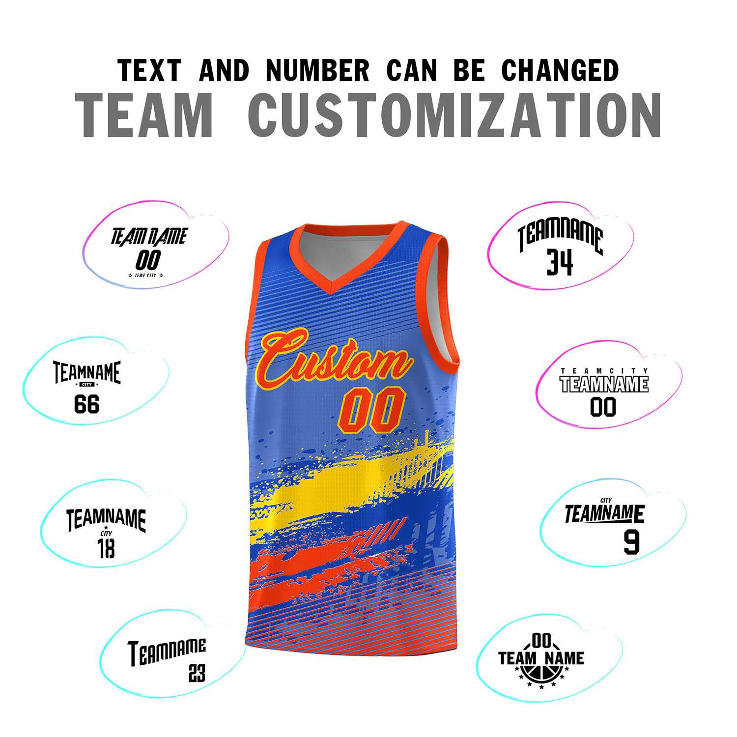 Custom Royal Gold and Orange Graffiti Pattern Sports Uniform Basketball Jersey