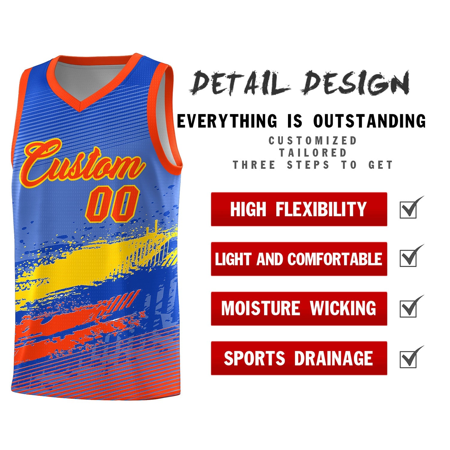 Custom Royal Gold and Orange Graffiti Pattern Sports Uniform Basketball Jersey