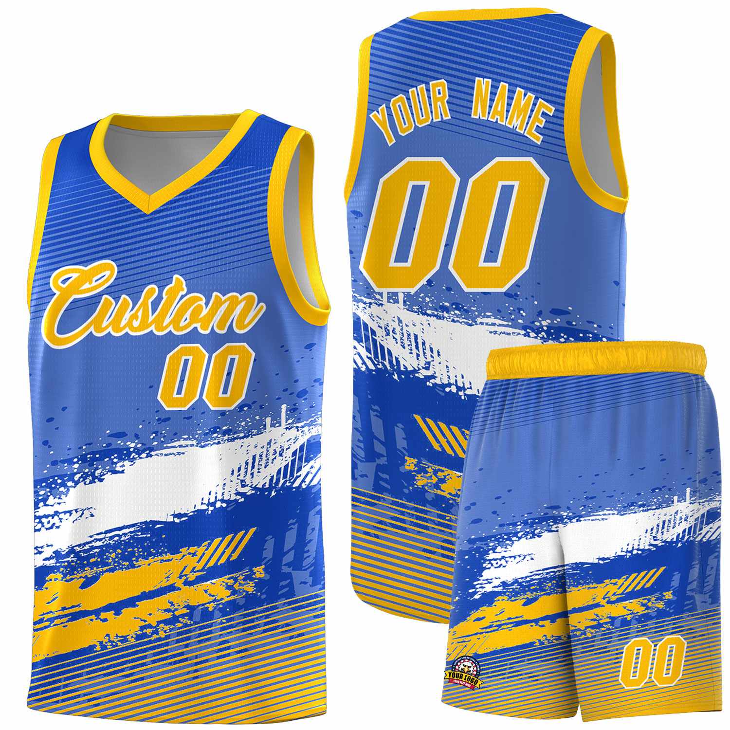 Custom Royal White and Yellow Graffiti Pattern Sports Uniform Basketball Jersey