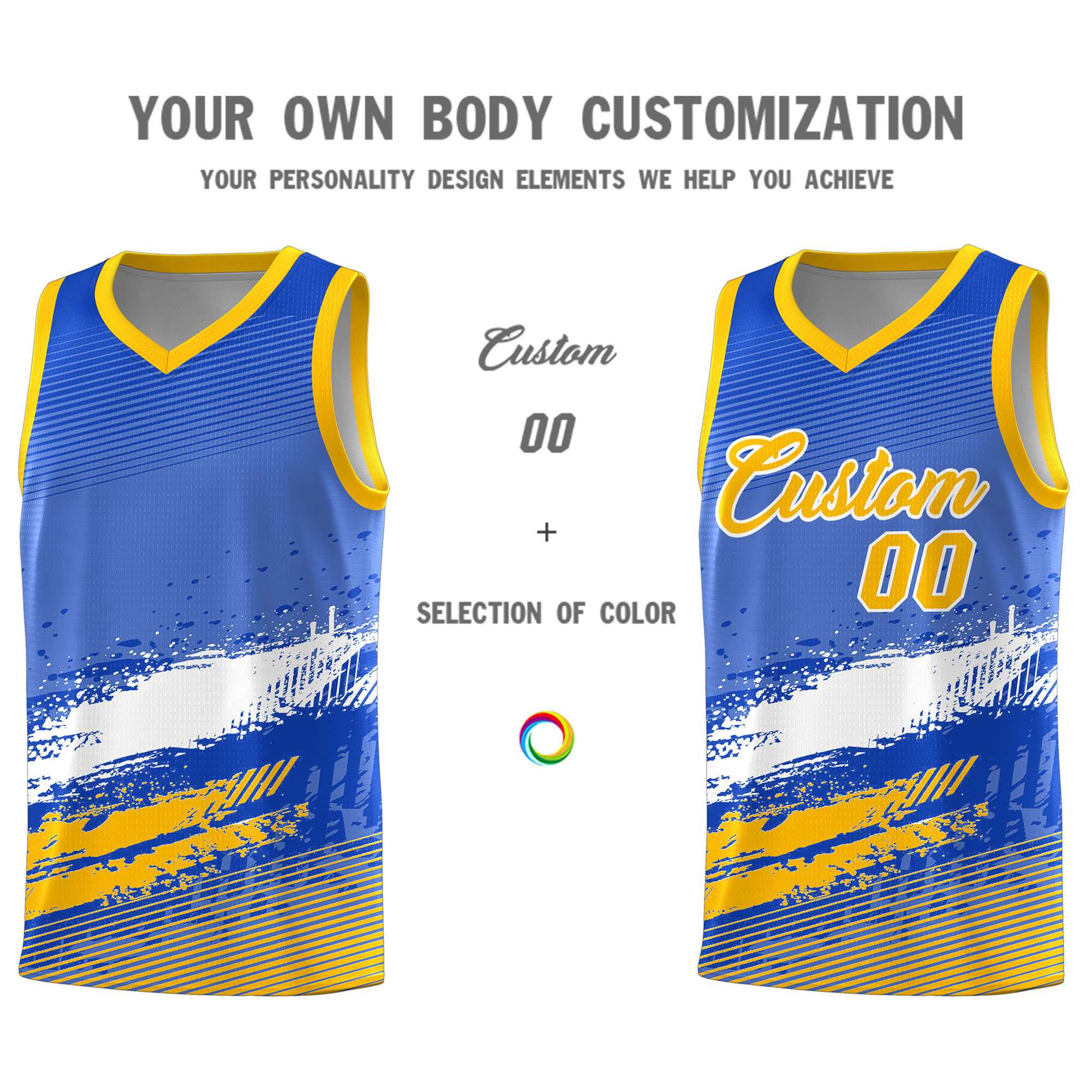 Custom Royal White and Yellow Graffiti Pattern Sports Uniform Basketball Jersey