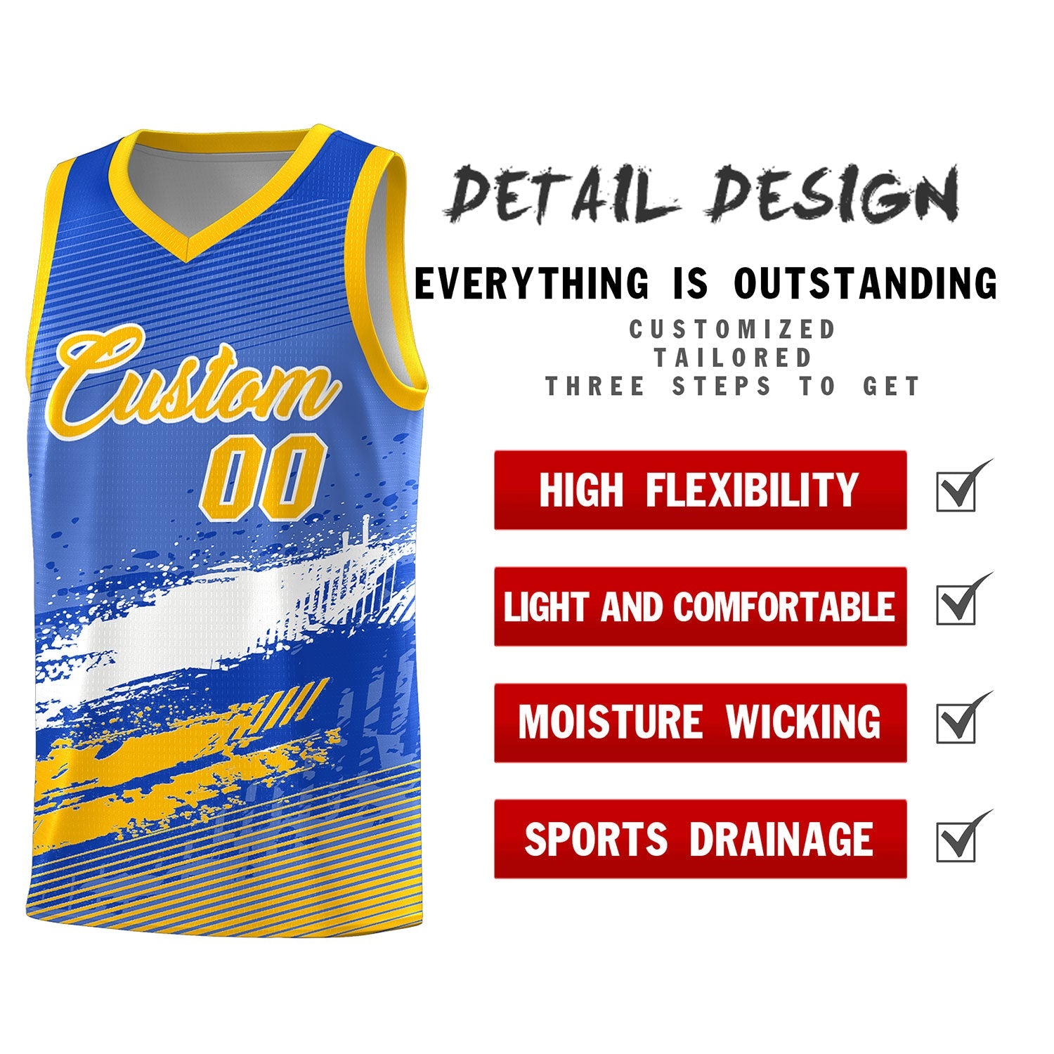 Custom Royal White and Yellow Graffiti Pattern Sports Uniform Basketball Jersey