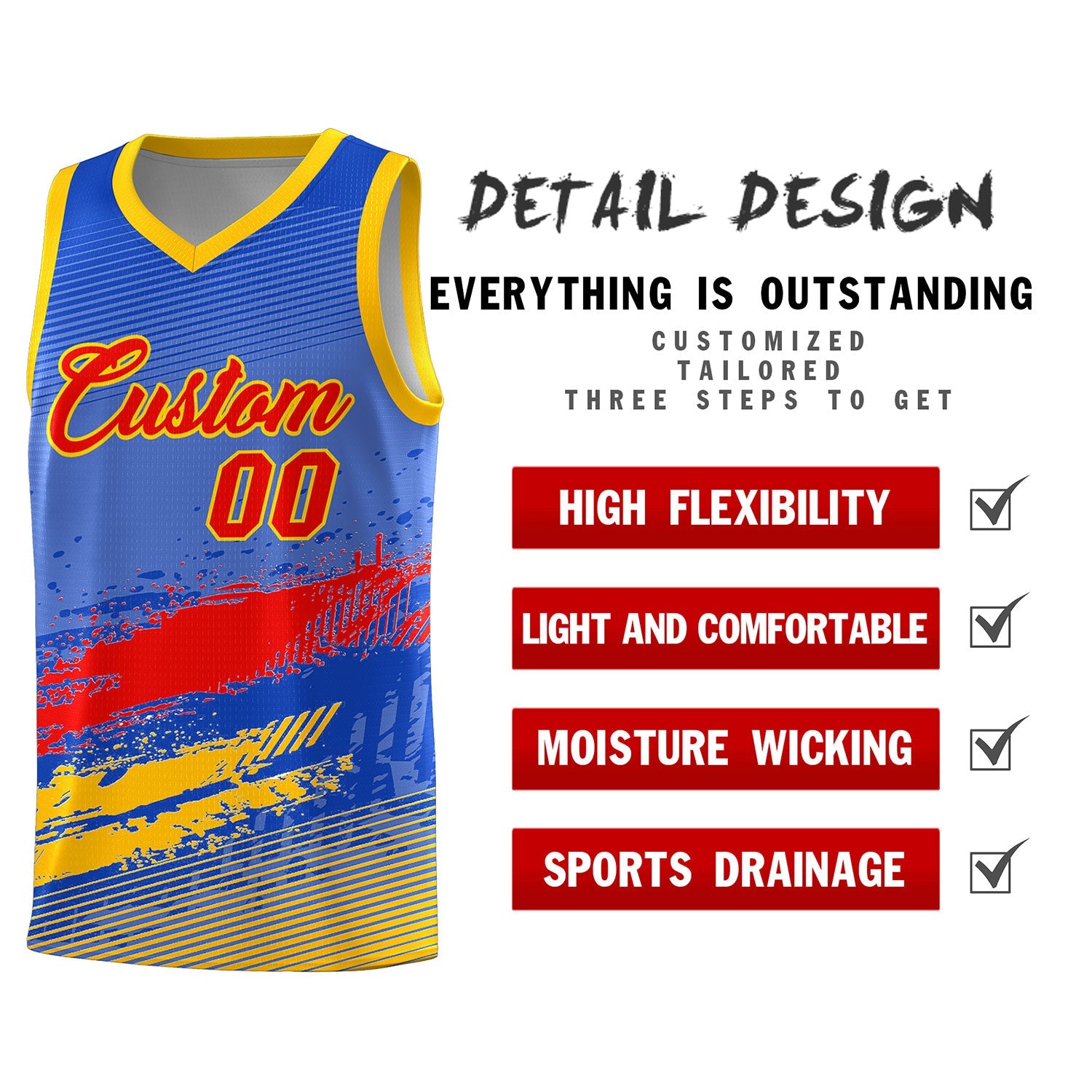 Custom Royal Red and Yellow Graffiti Pattern Sports Uniform Basketball Jersey