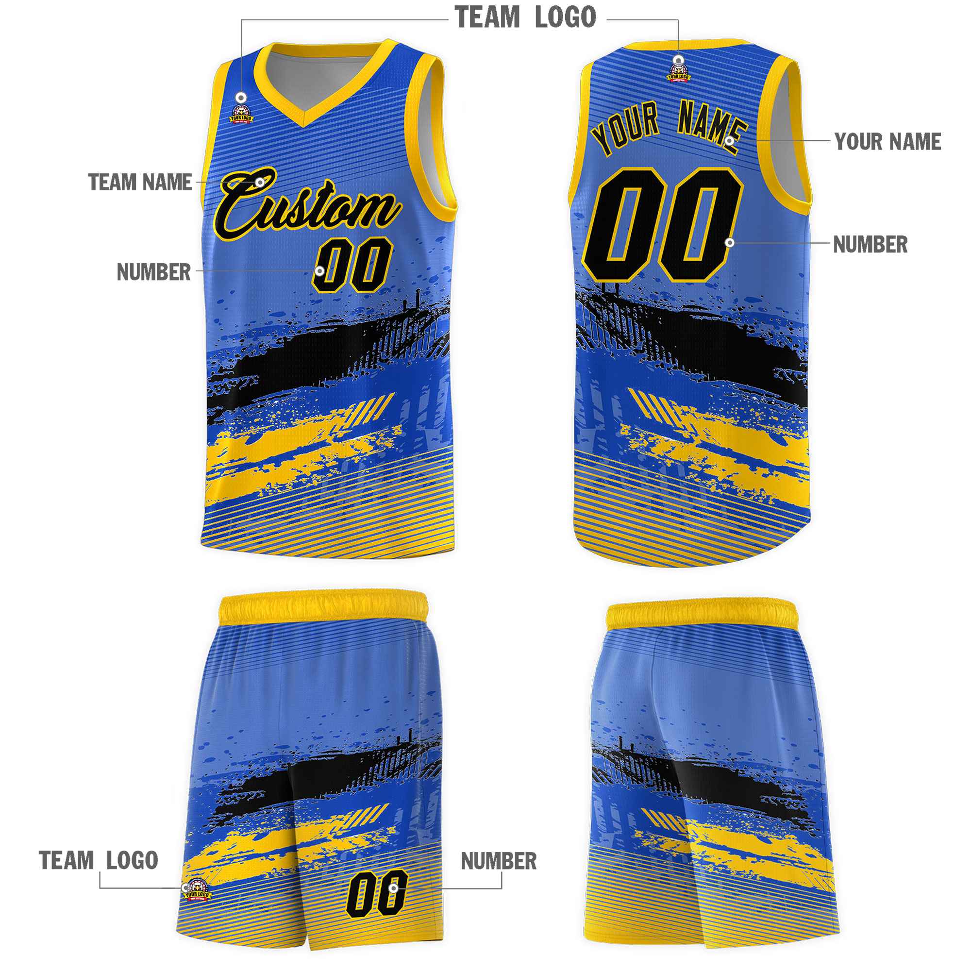 Custom Royal Black and Yellow Graffiti Pattern Sports Uniform Basketball Jersey